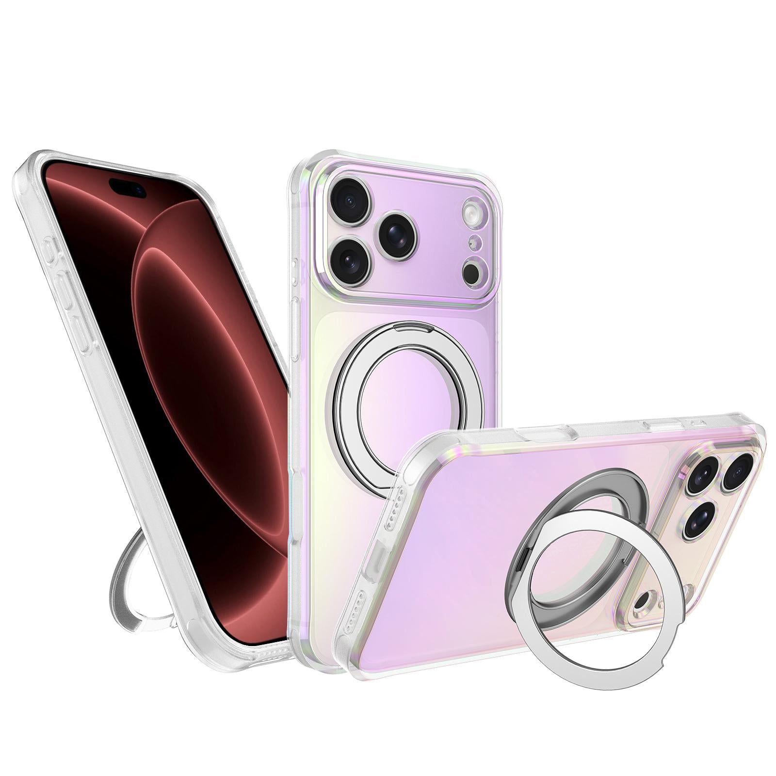 Compatible with iPhone 18 Pro Iris Mirror Magnetic Ring Holder Phone Case - White