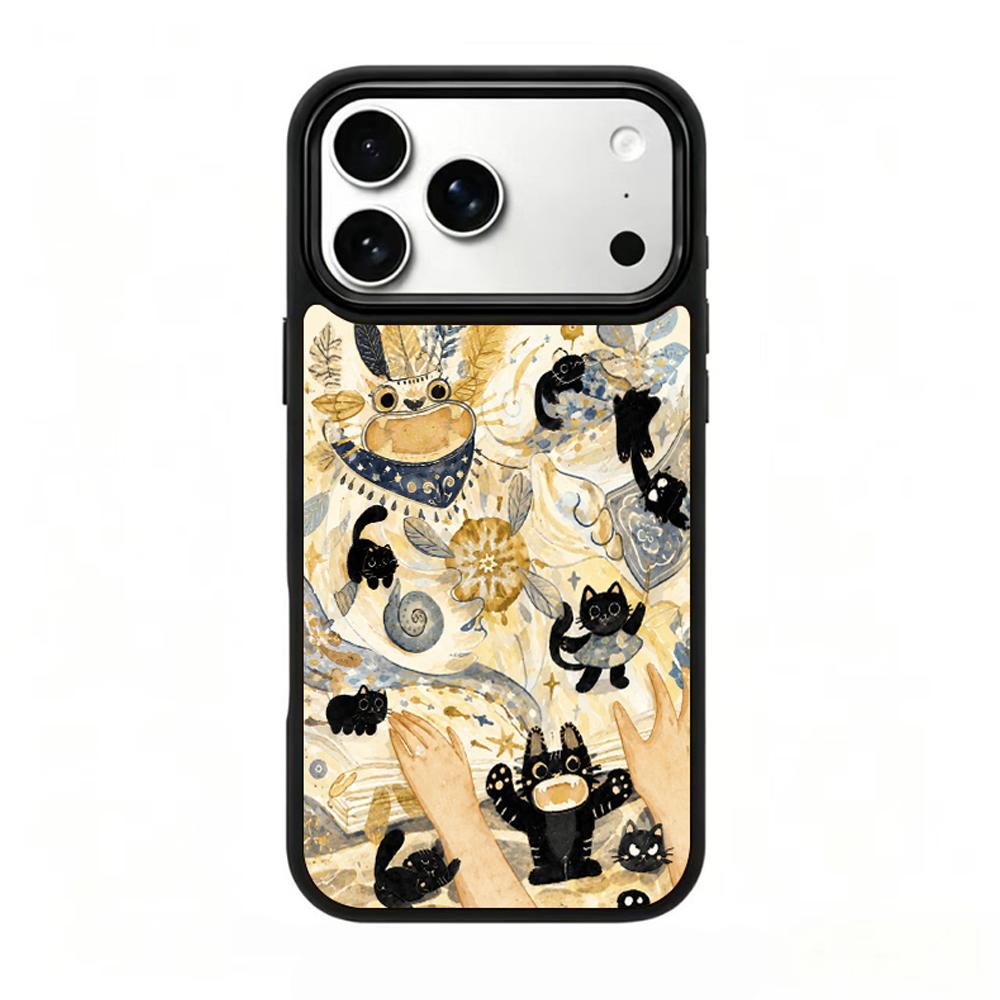 Compatible with iPhone 18 Pro & 17 Pro Gold Series PC Silicone Magnetic Phone Case - Golden Black Cat