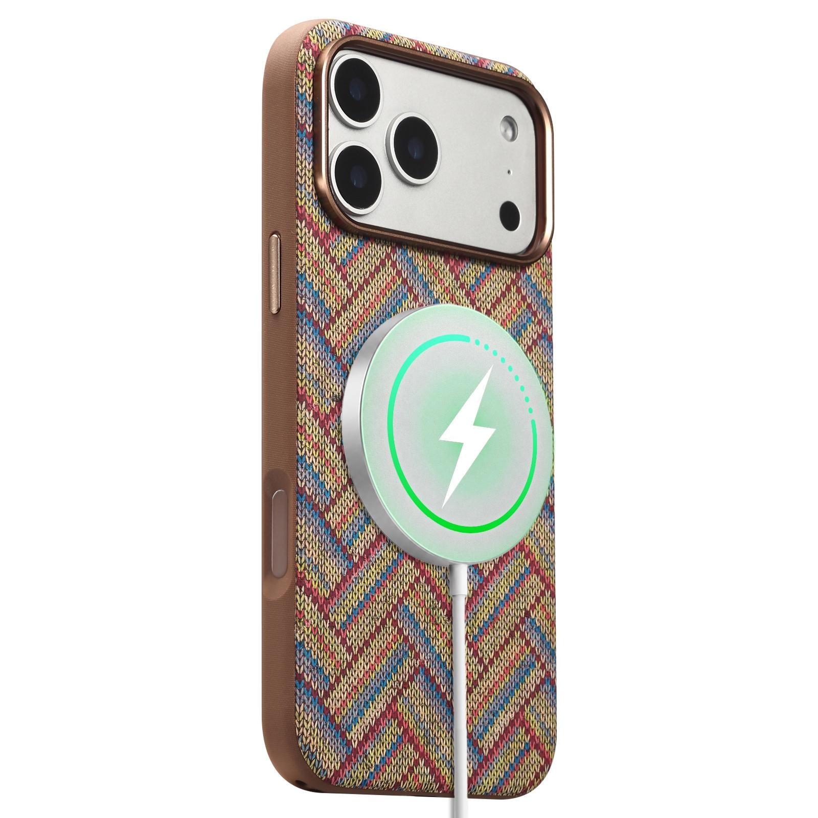 Compatible with iPhone 18 Pro Denior Vintage Boho Embroidery Style Magnetic Protective Phone Case - Khaki