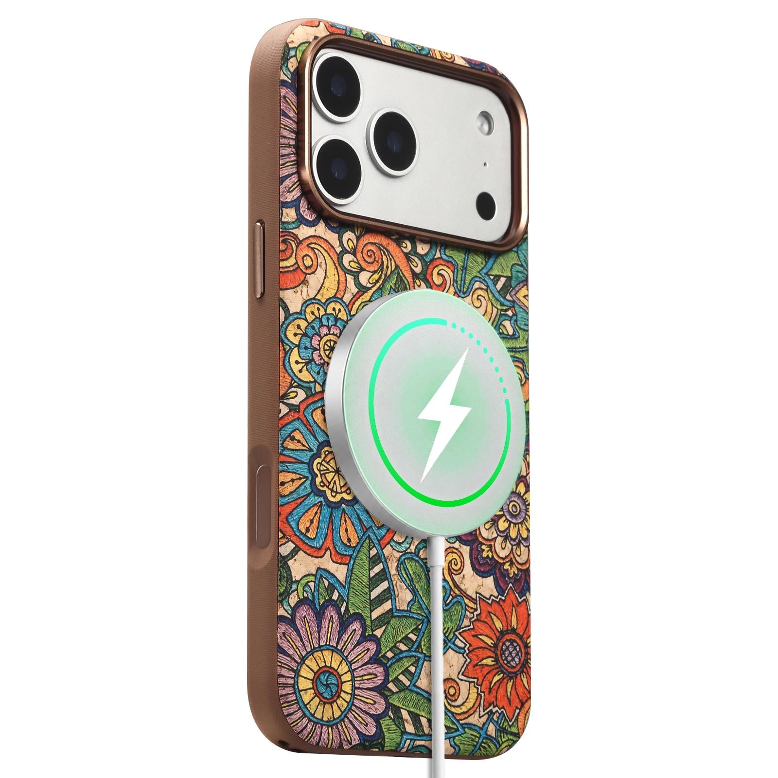 Compatible with iPhone 18 Pro Denior Vintage Boho Embroidery Style Magnetic Protective Phone Case - Orange