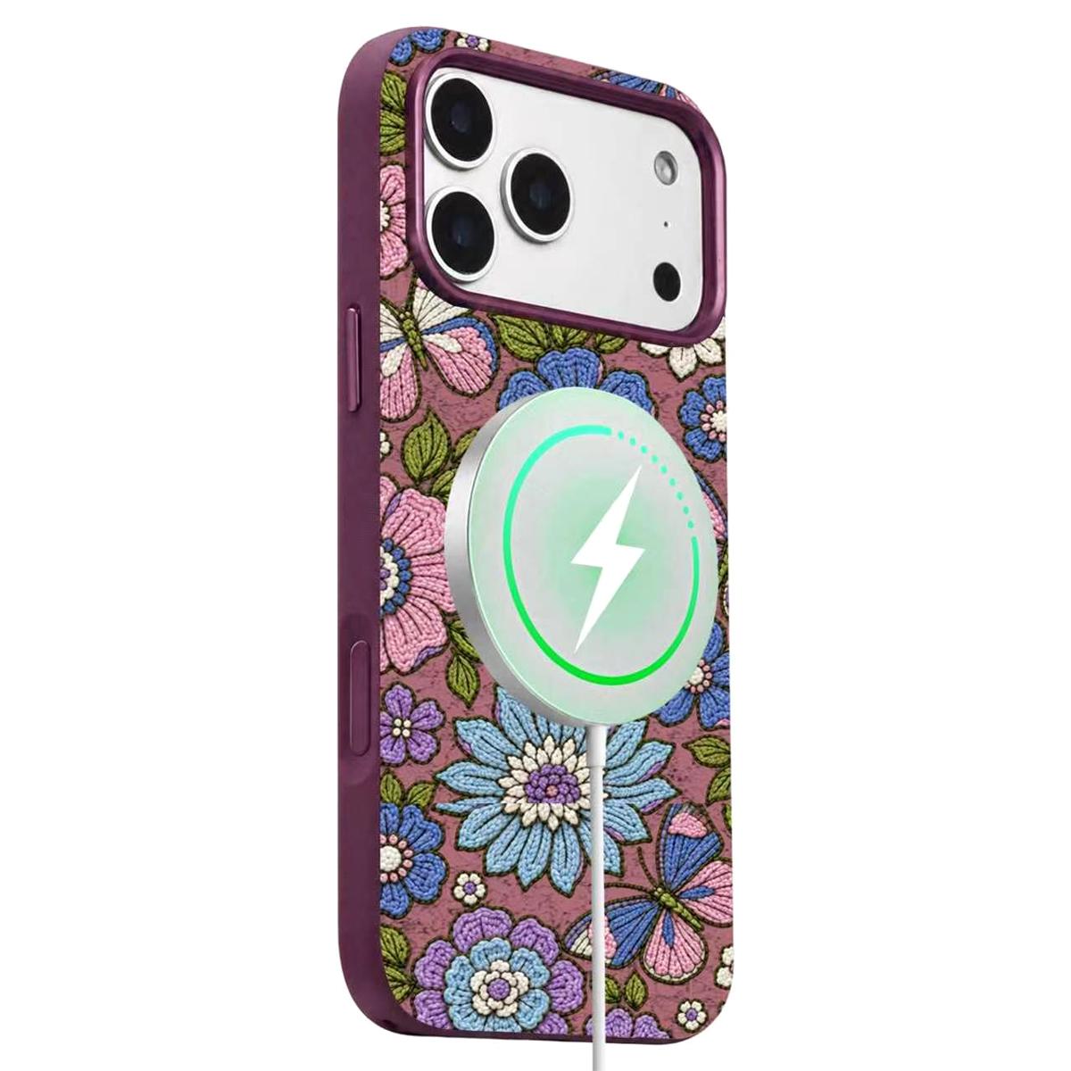Compatible with iPhone 18 Pro Denior Vintage Boho Embroidery Style Magnetic Protective Phone Case - Purple