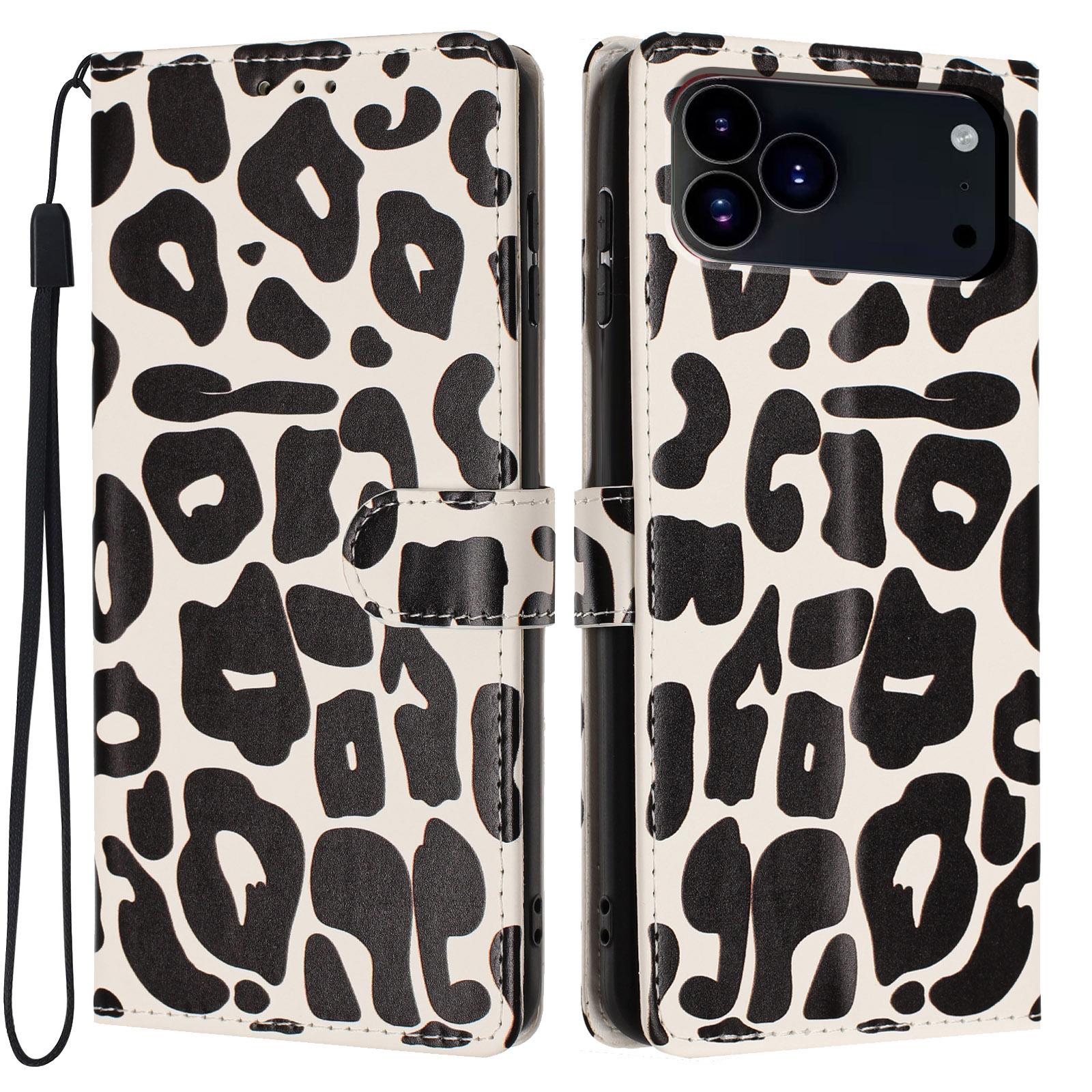 Compatible with iPhone 18 Pro Leopard Print Wallet Vegan Leather Phone Case with Lanyard - Black