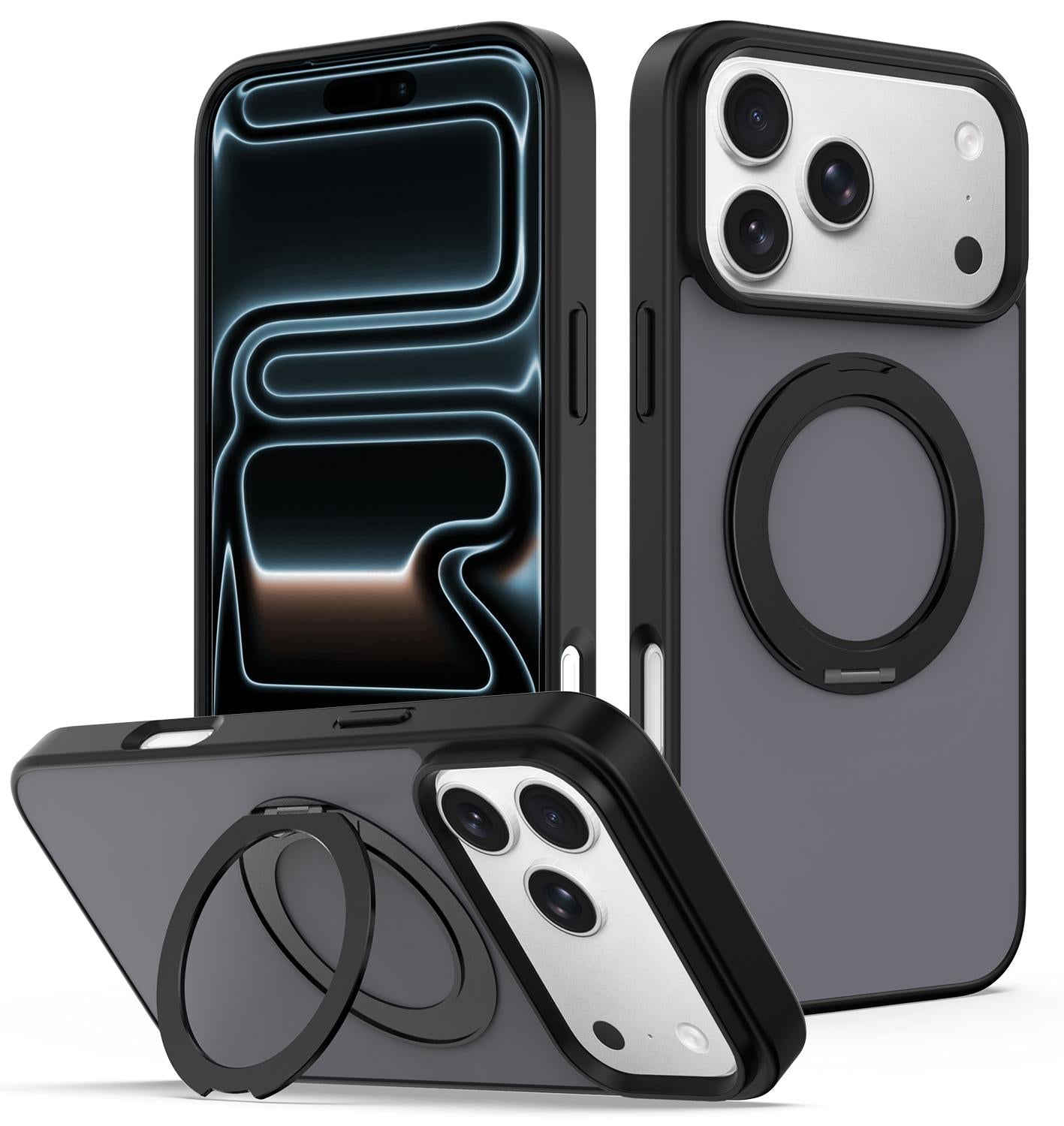 Compatible with iPhone 18 Pro Skin Feel Revolving Kickstand Magnetic Phone Case - Black