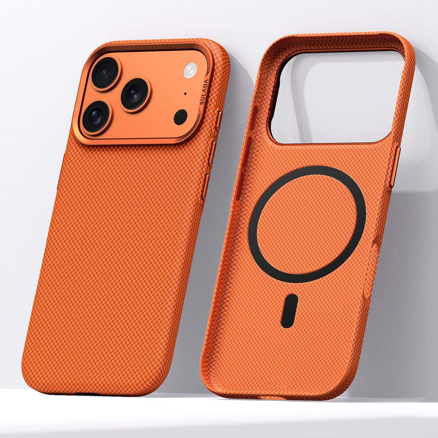 Compatible with iPhone 18 Pro SULADA Kevlar Grid Patterned Skin Feel Magnetic Phone Case - Orange