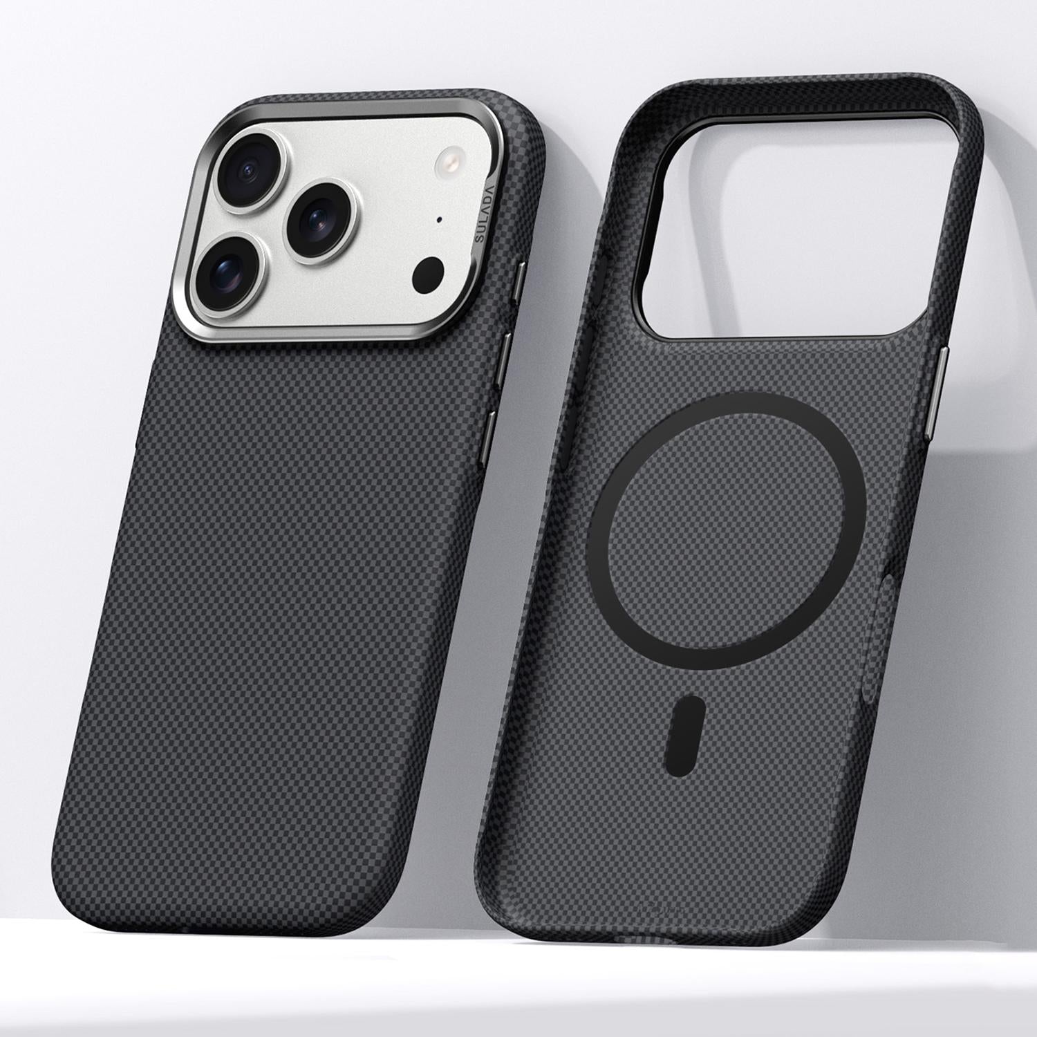 Compatible with iPhone 18 Pro SULADA Kevlar Grid Patterned Skin Feel Magnetic Phone Case - Black