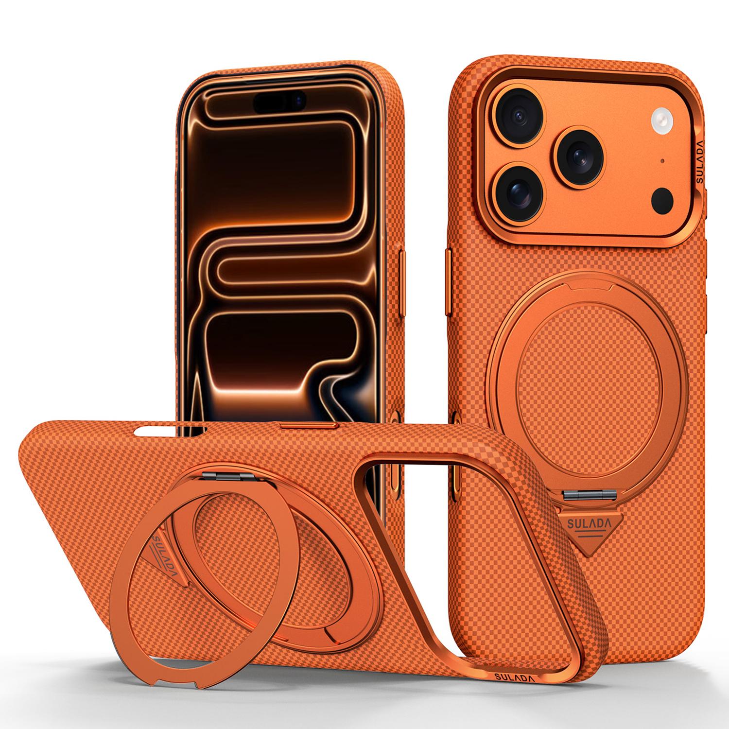 Compatible with iPhone 18 Pro SULADA Kevlar Grid Patterned Skin Feel Rotation Magnetic Holder Phone Case - Orange