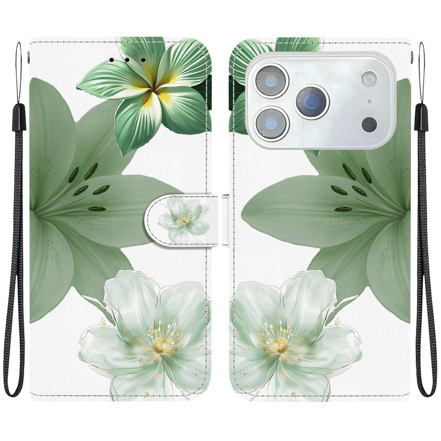 Compatible with iPhone 18 Pro Crystal-Texture Painted Vegan Leather Phone Case - Green Lily