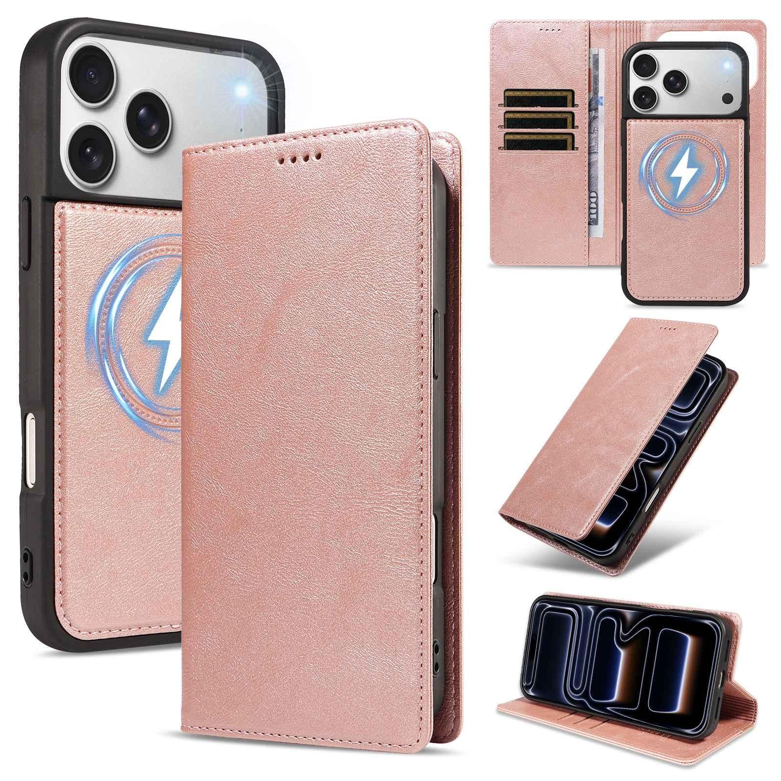 Compatible with iPhone 18 Pro Cowhide Leather Texture RFID Detachable 2 in 1 Magnetic Vegan Leather Phone Case - Rose Gold