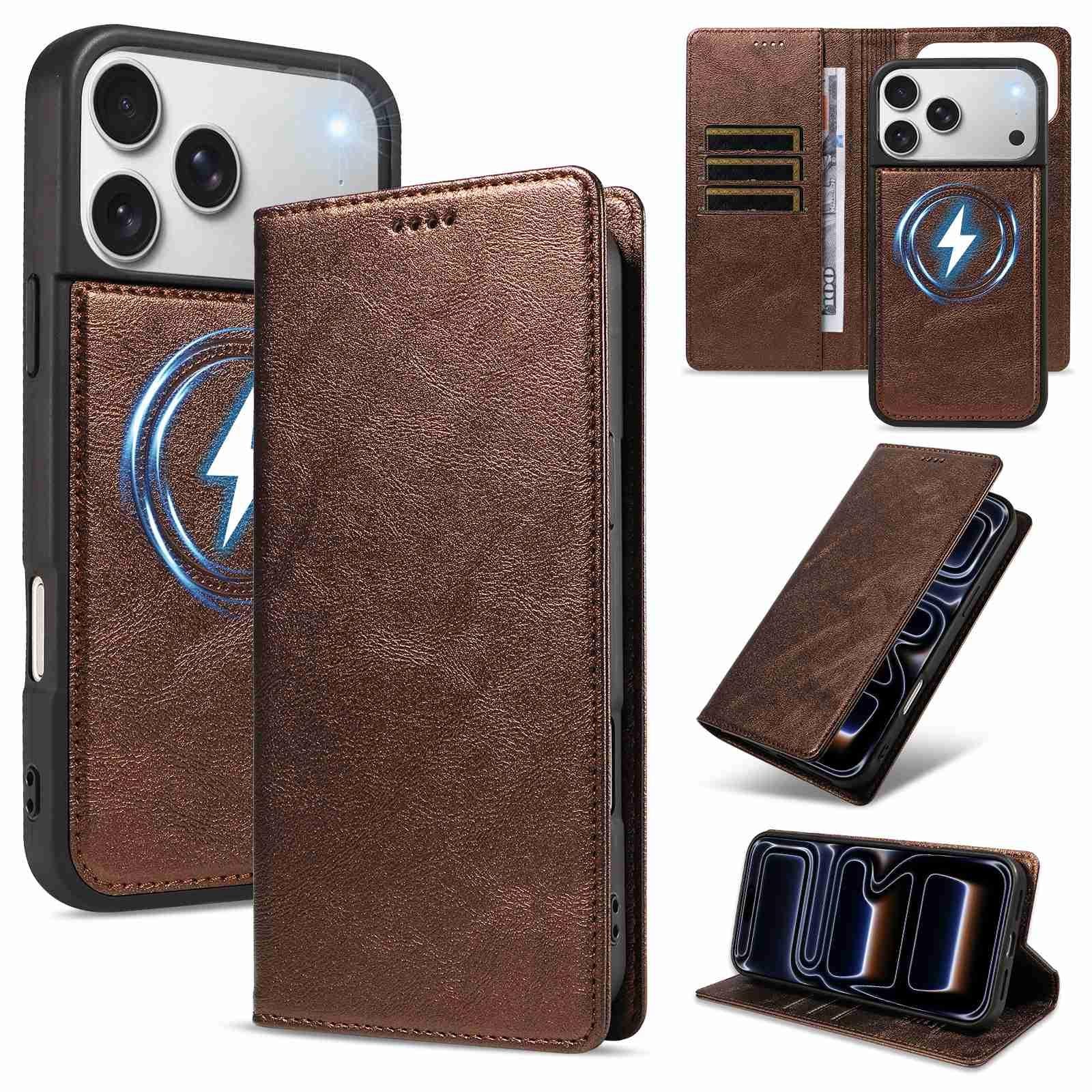 Compatible with iPhone 18 Pro Cowhide Leather Texture RFID Detachable 2 in 1 Magnetic Vegan Leather Phone Case - Brown
