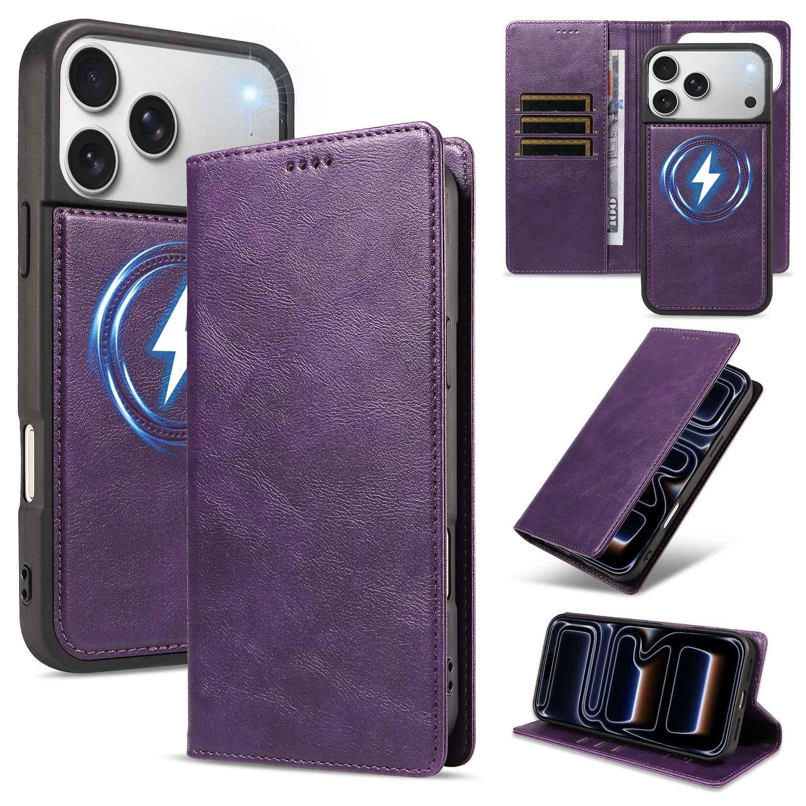 Compatible with iPhone 18 Pro Cowhide Leather Texture RFID Detachable 2 in 1 Magnetic Vegan Leather Phone Case - Purple