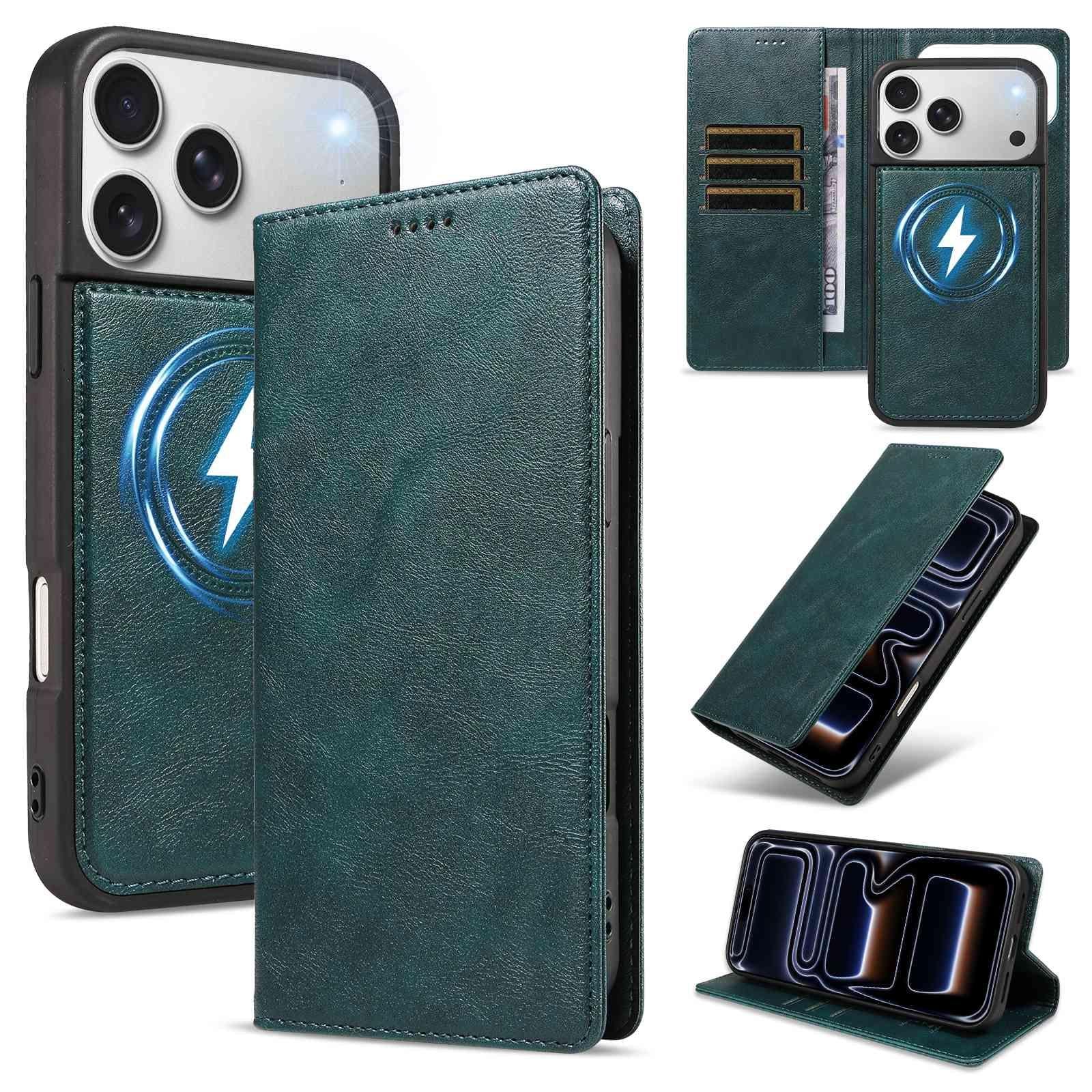 Compatible with iPhone 18 Pro Cowhide Leather Texture RFID Detachable 2 in 1 Magnetic Vegan Leather Phone Case - Green