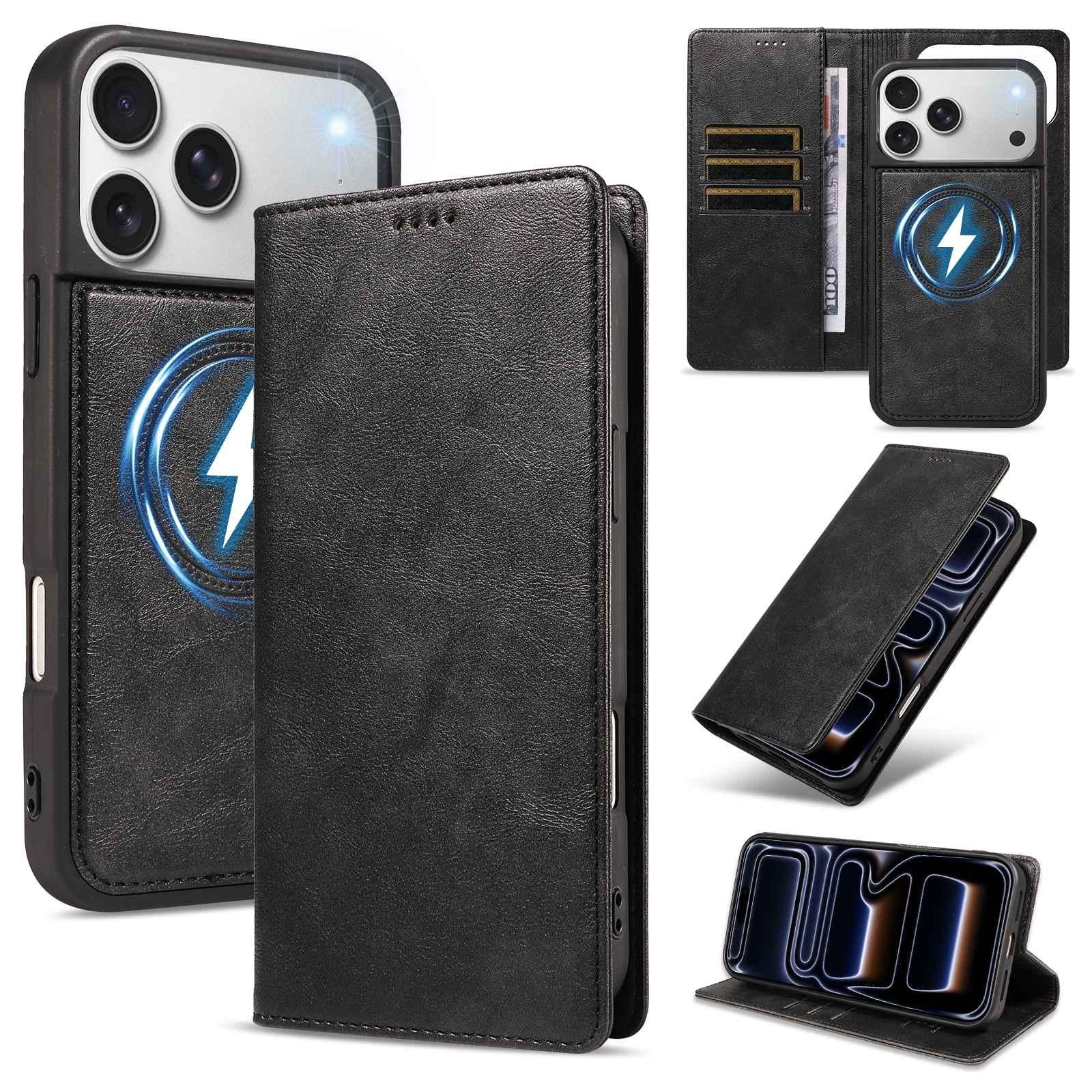 Compatible with iPhone 18 Pro Cowhide Leather Texture RFID Detachable 2 in 1 Magnetic Vegan Leather Phone Case - Black