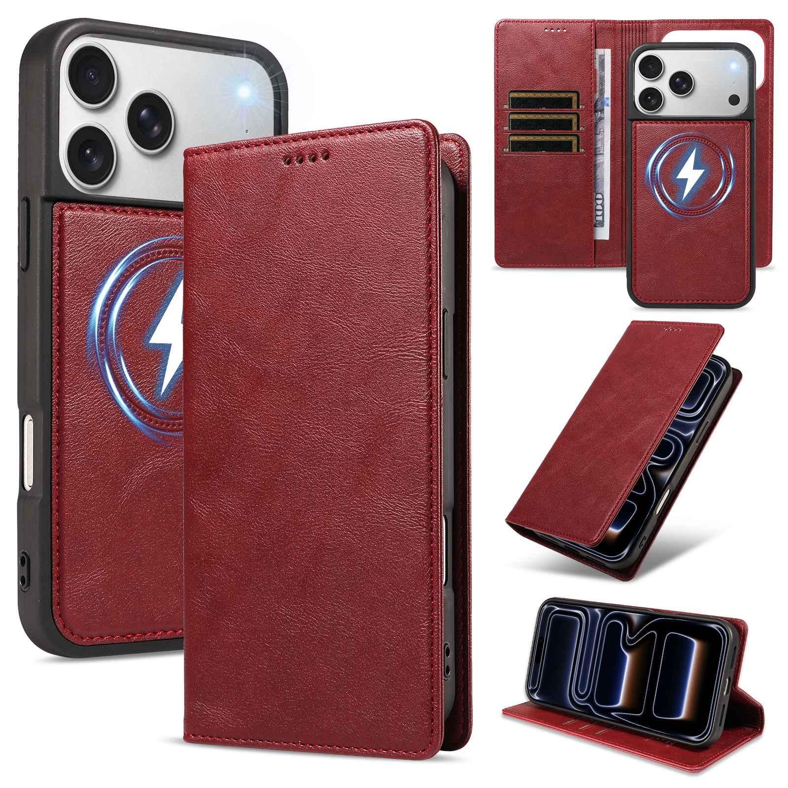 Compatible with iPhone 18 Pro Cowhide Leather Texture RFID Detachable 2 in 1 Magnetic Vegan Leather Phone Case - Red