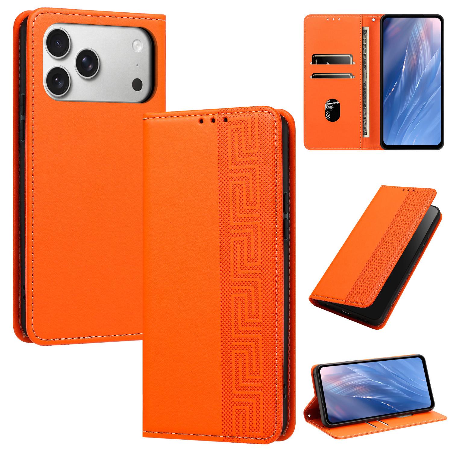 Compatible with iPhone 18 Pro Embossed Meander Pattern RFID Vegan Leather Phone Case - Orange