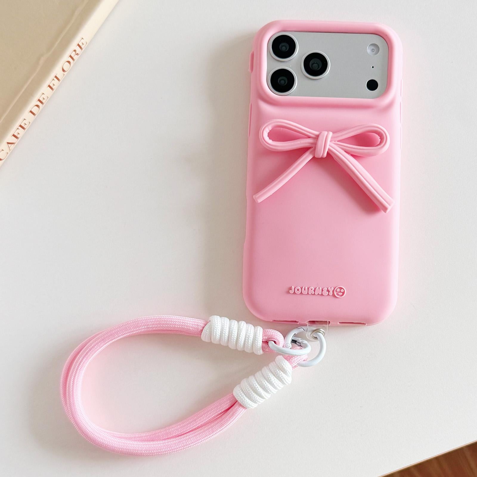 Compatible with iPhone 18 Pro & 17 Pro Bow TPU Dual-Layer PC Bulge Phone Case with Lanyard - Pink