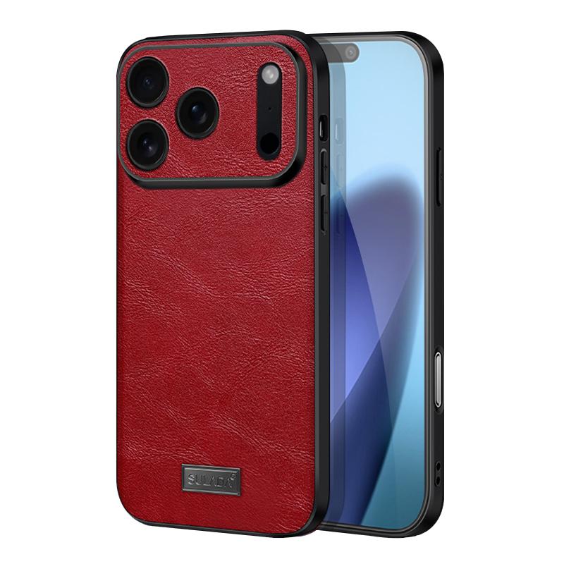 Compatible with iPhone 18 Pro SULADA Shockproof TPU Dual-Layer Handmade Leather Precise Hole Phone Case - Red
