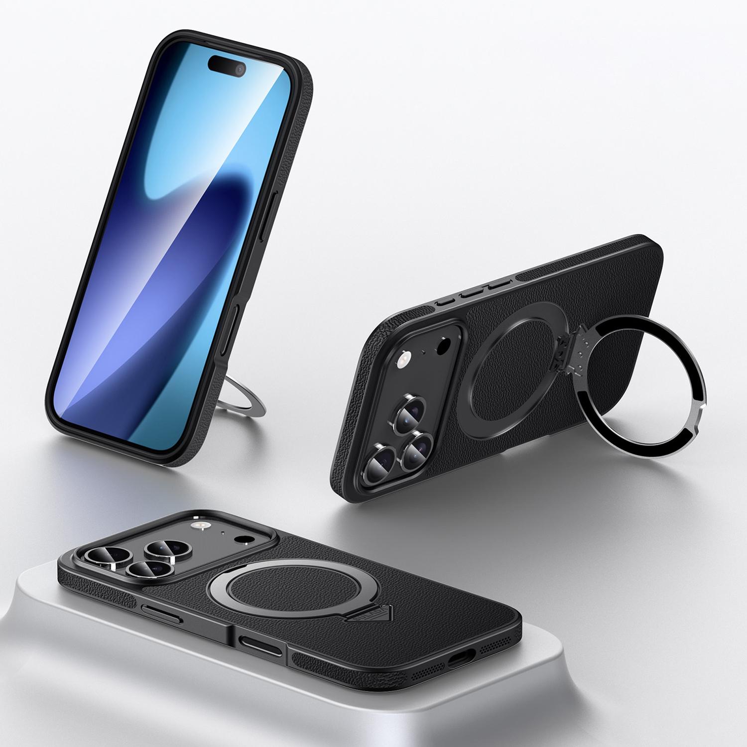 Compatible with iPhone 18 Pro SULADA Top Grain Leather MagSafe Magnetic Holder Phone Case - Black