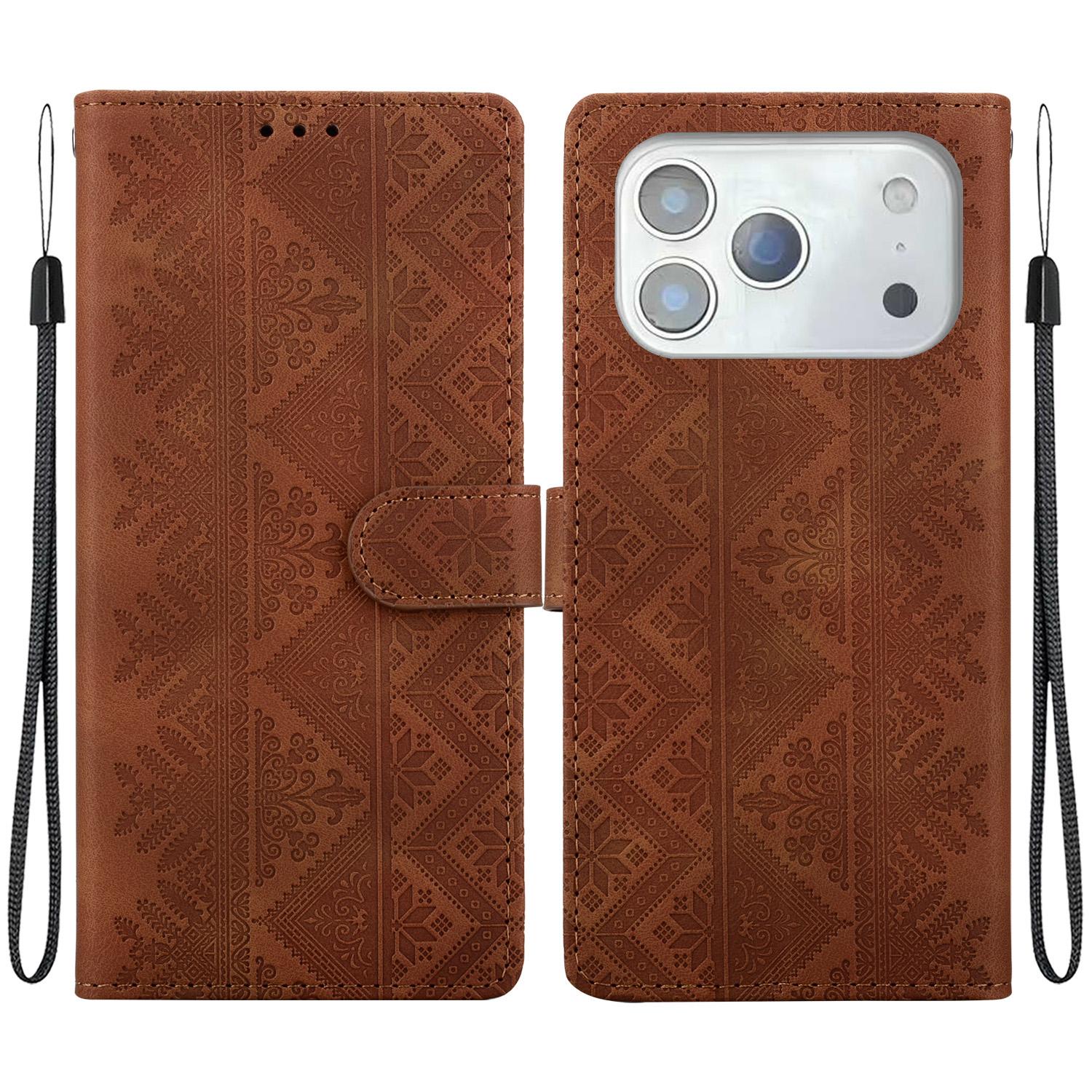 Compatible with iPhone 18 Pro Ethnic Pattern Embossed Vegan Leather Phone Case - Brown