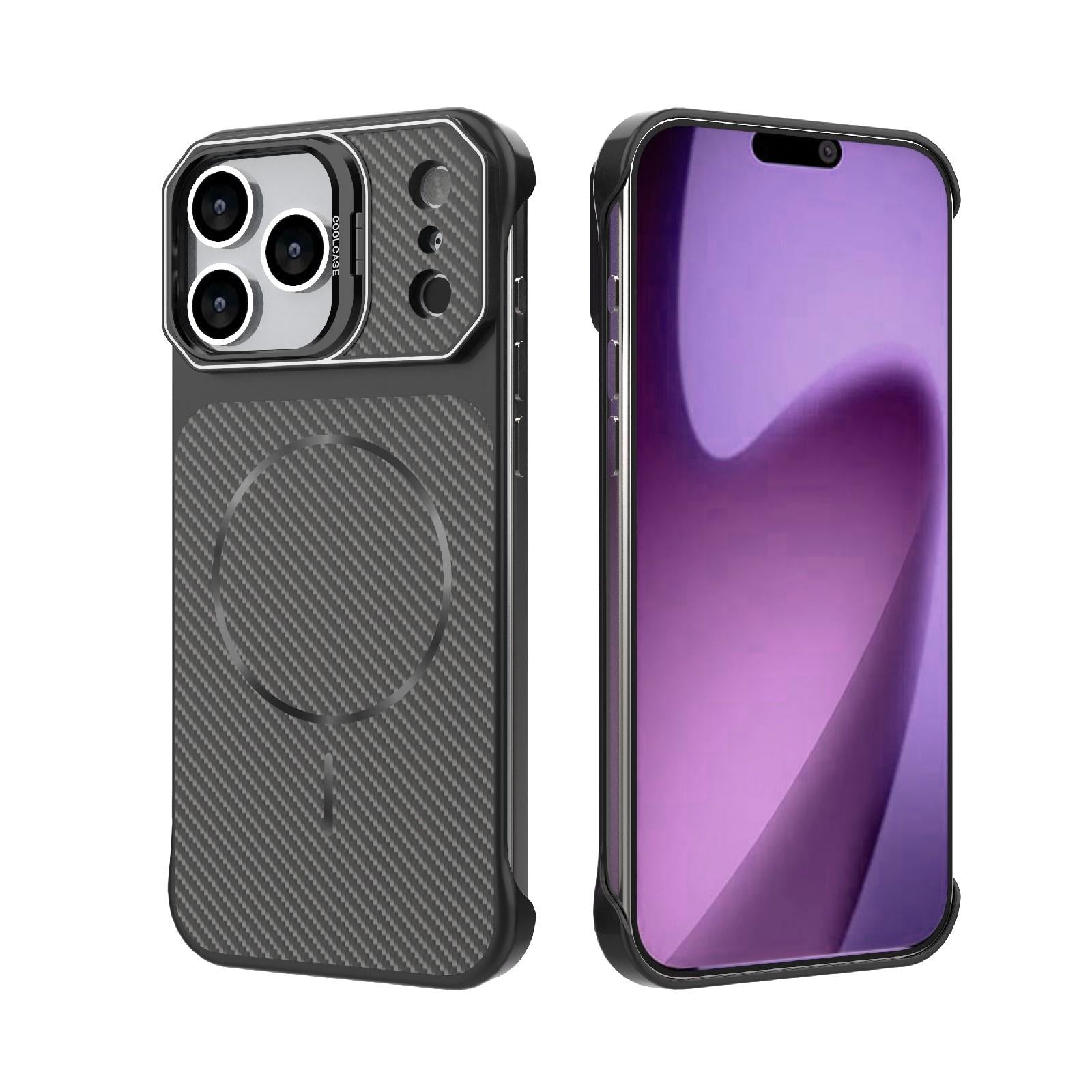 Compatible with iPhone 18 Pro Frameless Half-Wrapped Carbon Fiber Texture PC Magnetic Phone Case - Black