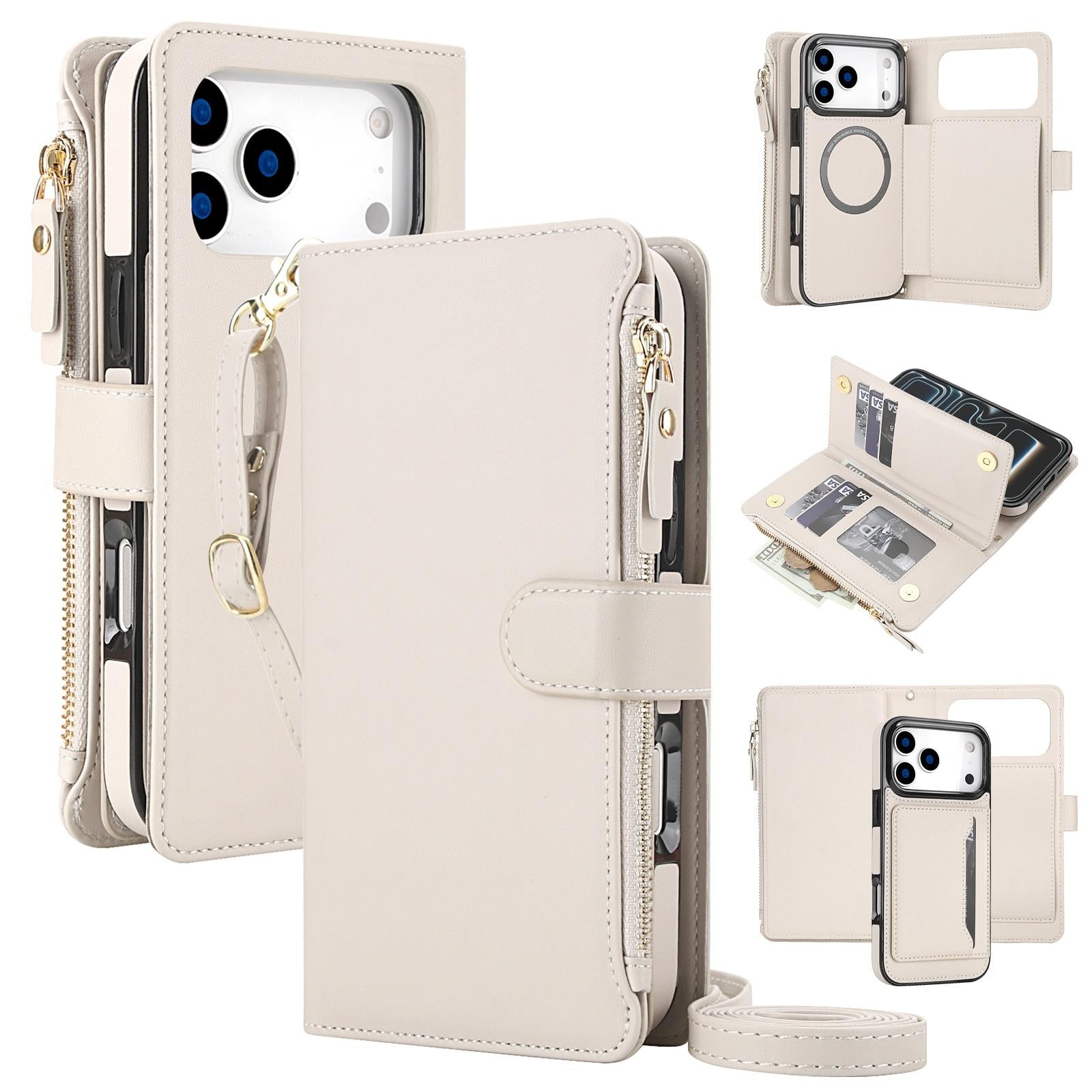Compatible with iPhone 18 Pro KLT-033 Detachable 2 in 1 Zipper Wallet Magnetic Phone Case with Lanyard - Apricot