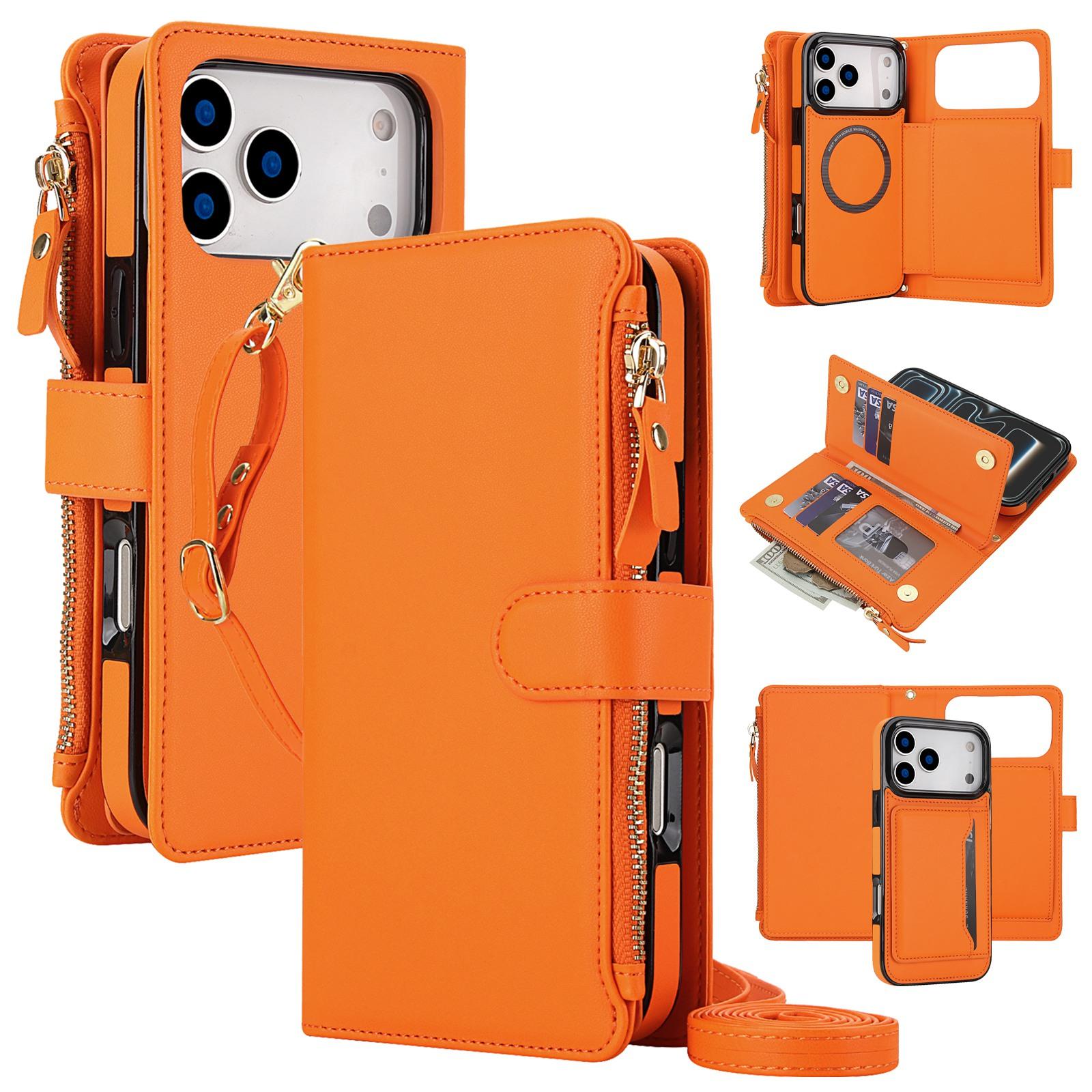 Compatible with iPhone 18 Pro KLT-033 Detachable 2 in 1 Zipper Wallet Magnetic Phone Case with Lanyard - Orange