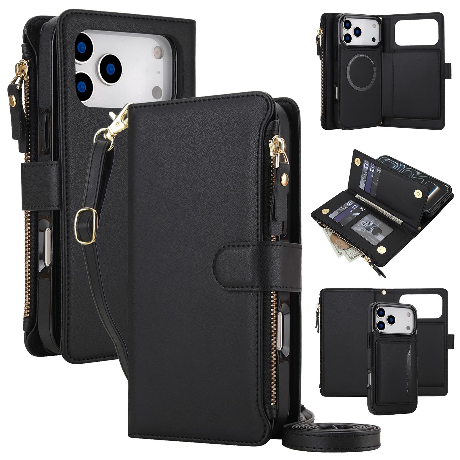 Compatible with iPhone 18 Pro KLT-033 Detachable 2 in 1 Zipper Wallet Magnetic Phone Case with Lanyard - Black