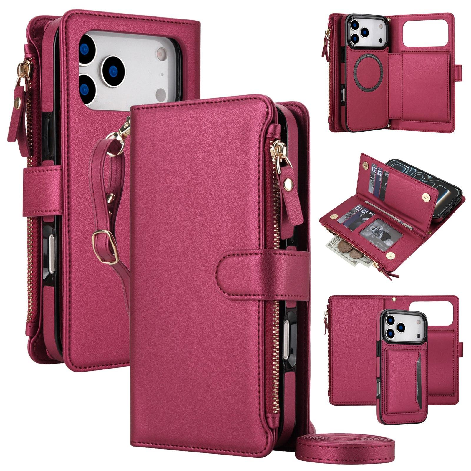Compatible with iPhone 18 Pro KLT-033 Detachable 2 in 1 Zipper Wallet Magnetic Phone Case with Lanyard - Red