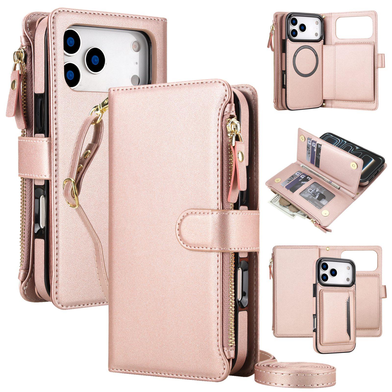 Compatible with iPhone 18 Pro KLT-033 Detachable 2 in 1 Zipper Wallet Magnetic Phone Case with Lanyard - Rose Gold