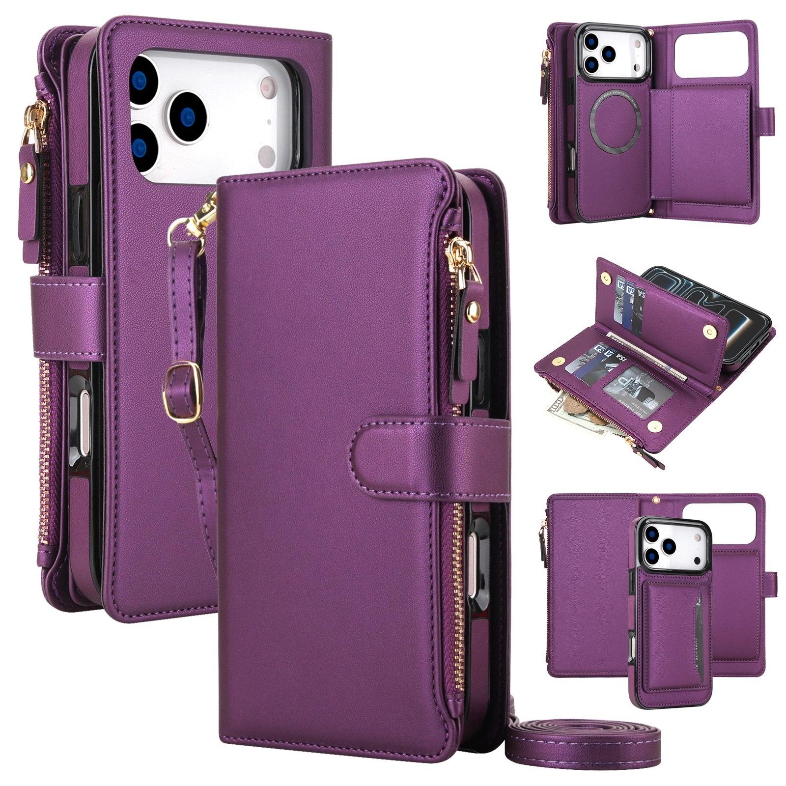 Compatible with iPhone 18 Pro KLT-033 Detachable 2 in 1 Zipper Wallet Magnetic Phone Case with Lanyard - Purple