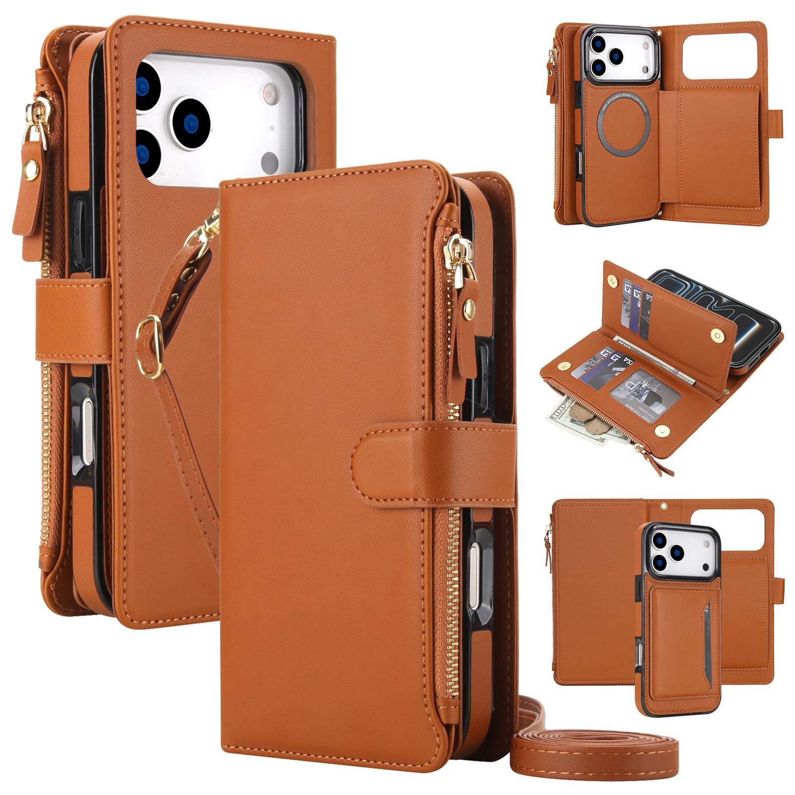 Compatible with iPhone 18 Pro KLT-033 Detachable 2 in 1 Zipper Wallet Magnetic Phone Case with Lanyard - Brown