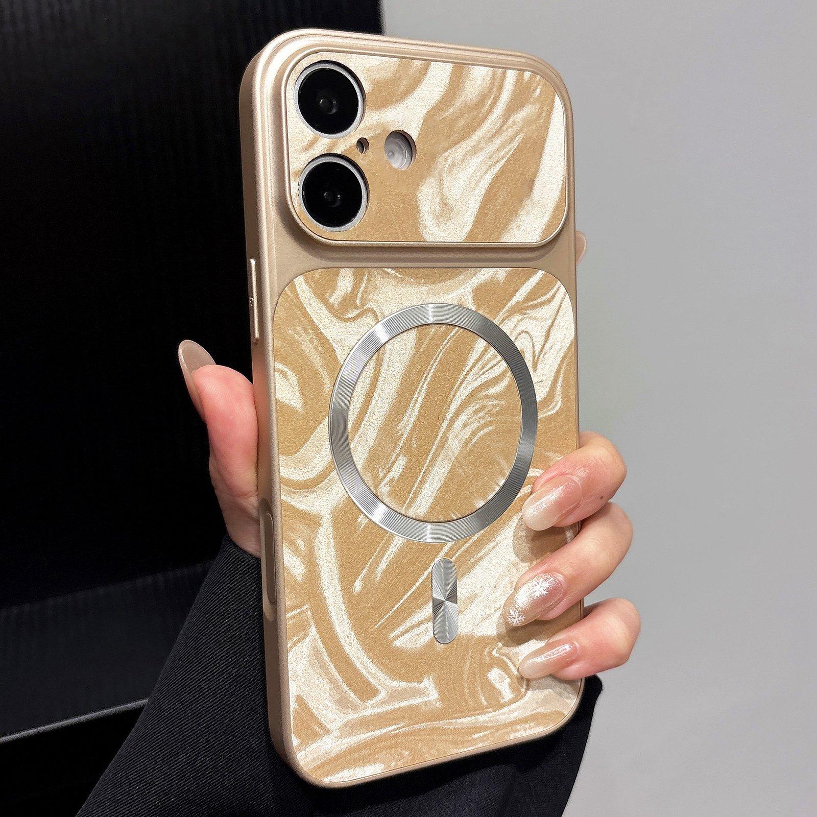 Compatible with iPhone 18 Water Ripple PC Magnetic Vegan Leather Phone Case - Gold