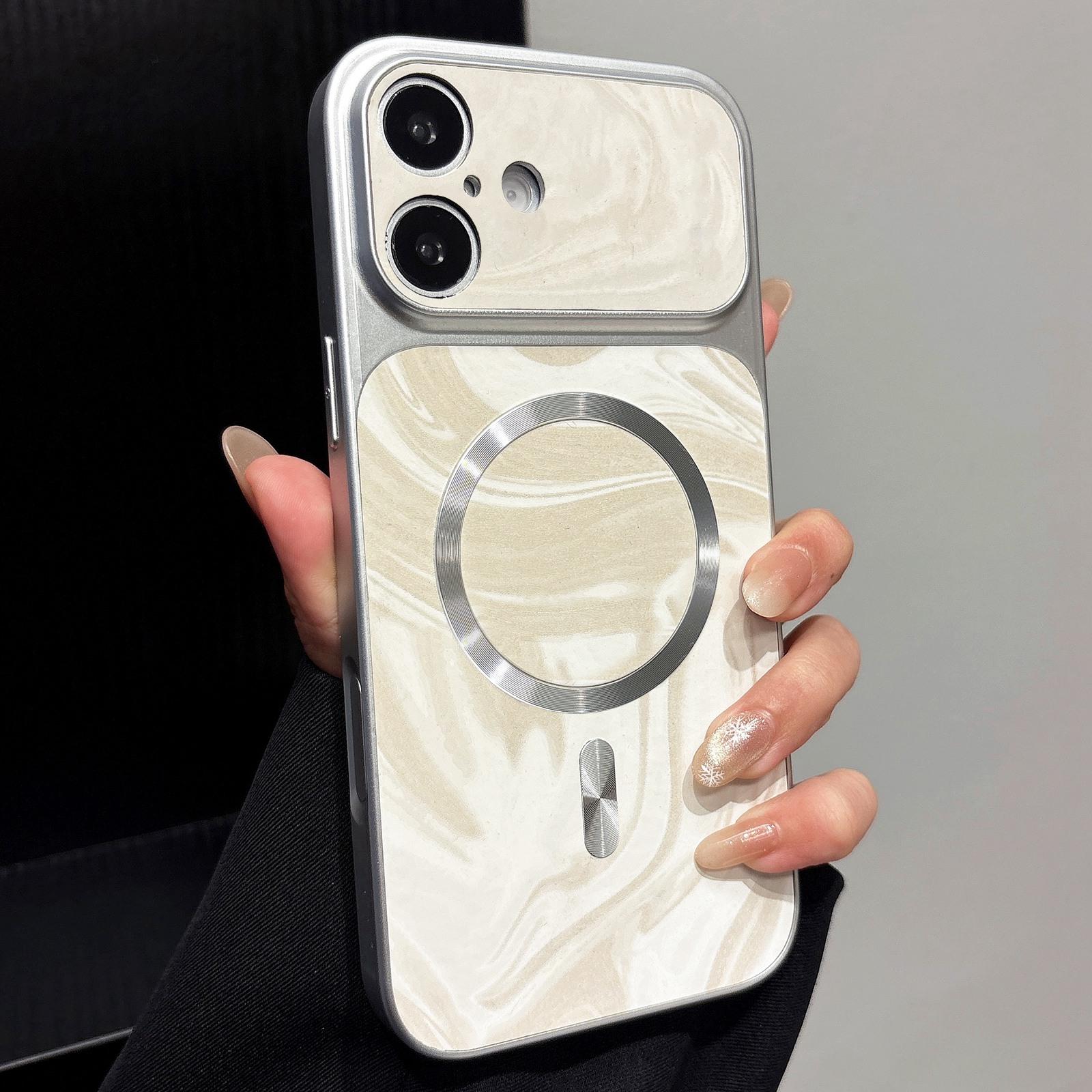 Compatible with iPhone 18 Water Ripple PC Magnetic Vegan Leather Phone Case - White