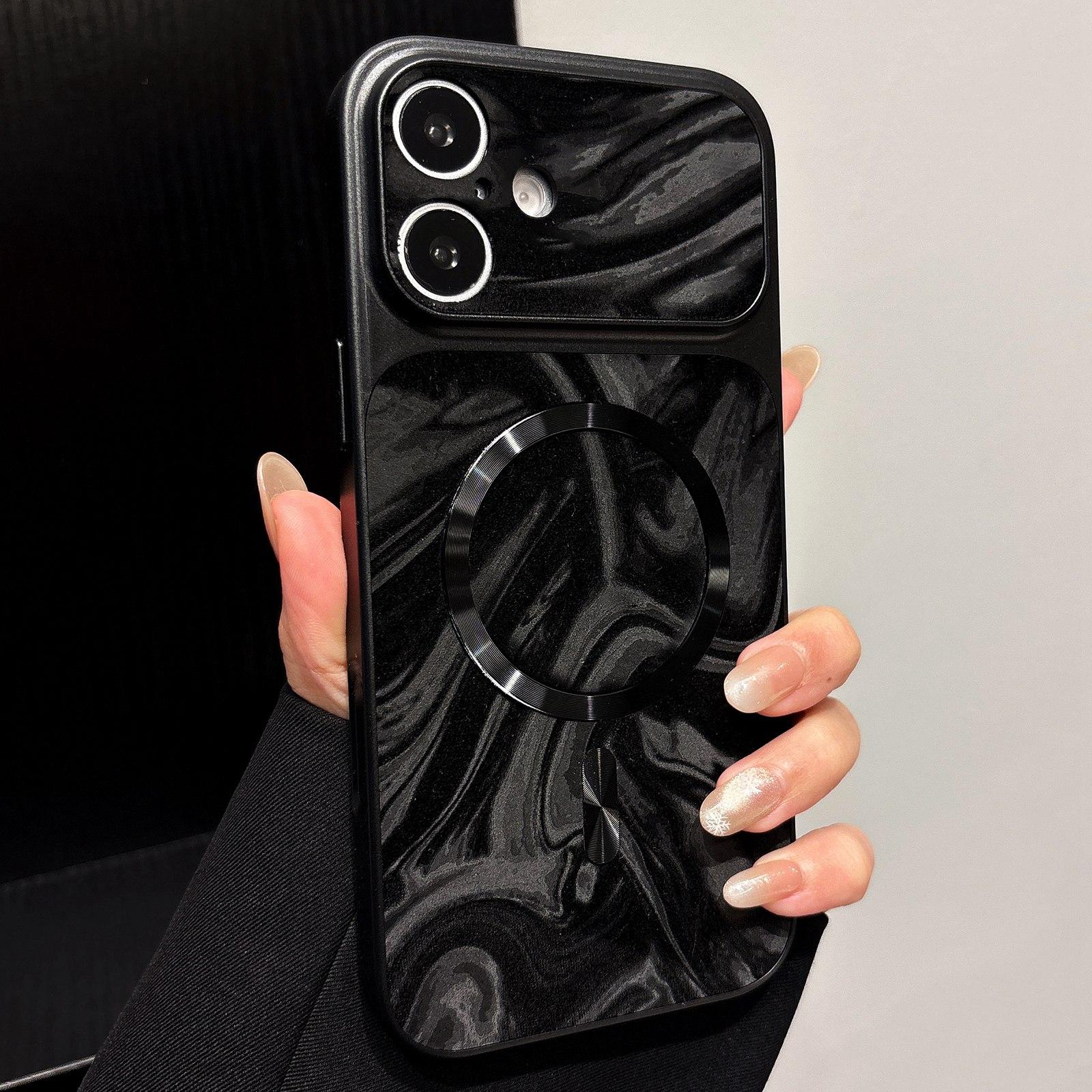 Compatible with iPhone 18 Water Ripple PC Magnetic Vegan Leather Phone Case - Black