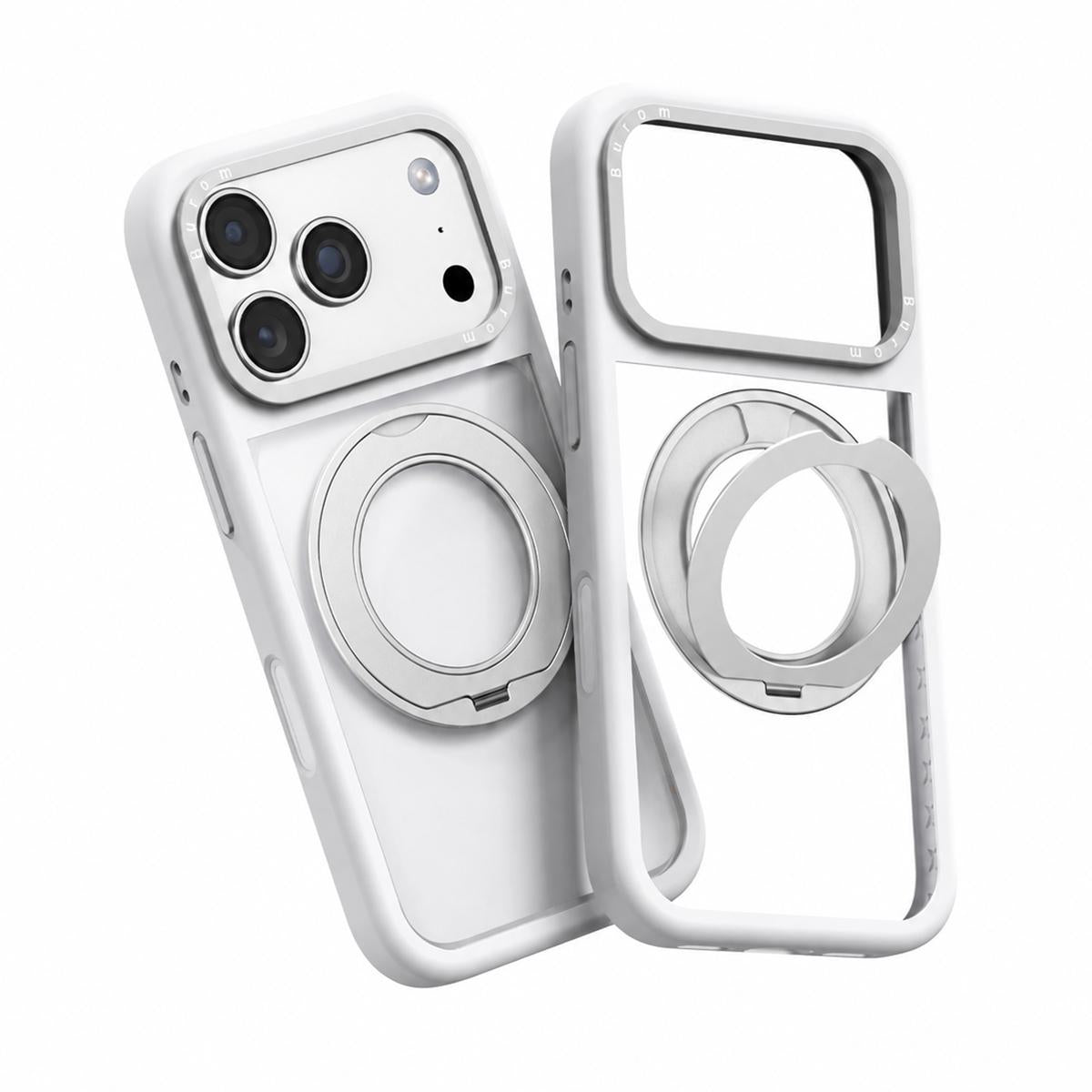 Compatible with iPhone 18 Pro Liquid Silicone Frame Dual-Layer Clear Back Panel Rotatable Magnetic Holder Phone Case - White