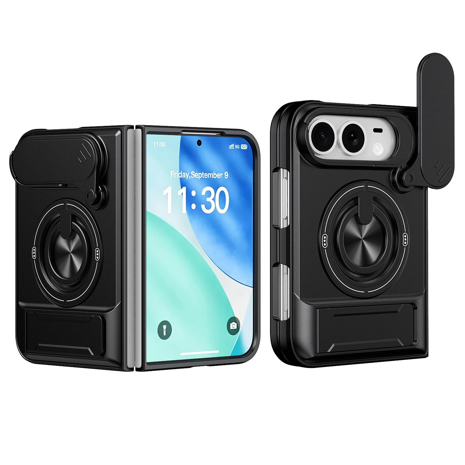 Compatible with iPhone Duo Lens Sliding Window Multifunctional Magnetic Shockproof Phone Case - Black