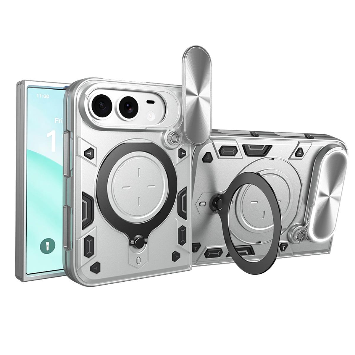 Compatible with iPhone Duo CD Texture Sliding Camshield Magnetic Holder Phone Case - Silver