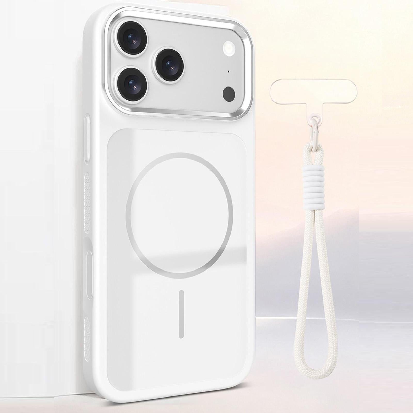 Compatible with iPhone 18 Pro Color Contrast Magnetic Phone Case with Wrist Strap - White