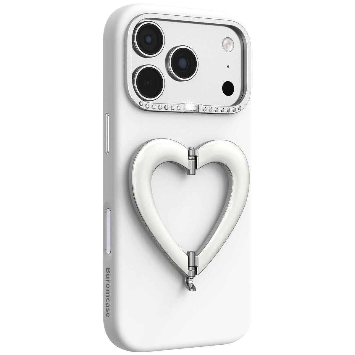 Compatible with iPhone 18 Pro Liquid Silicone Metal Heart-Shaped Kickstand Phone Case - White