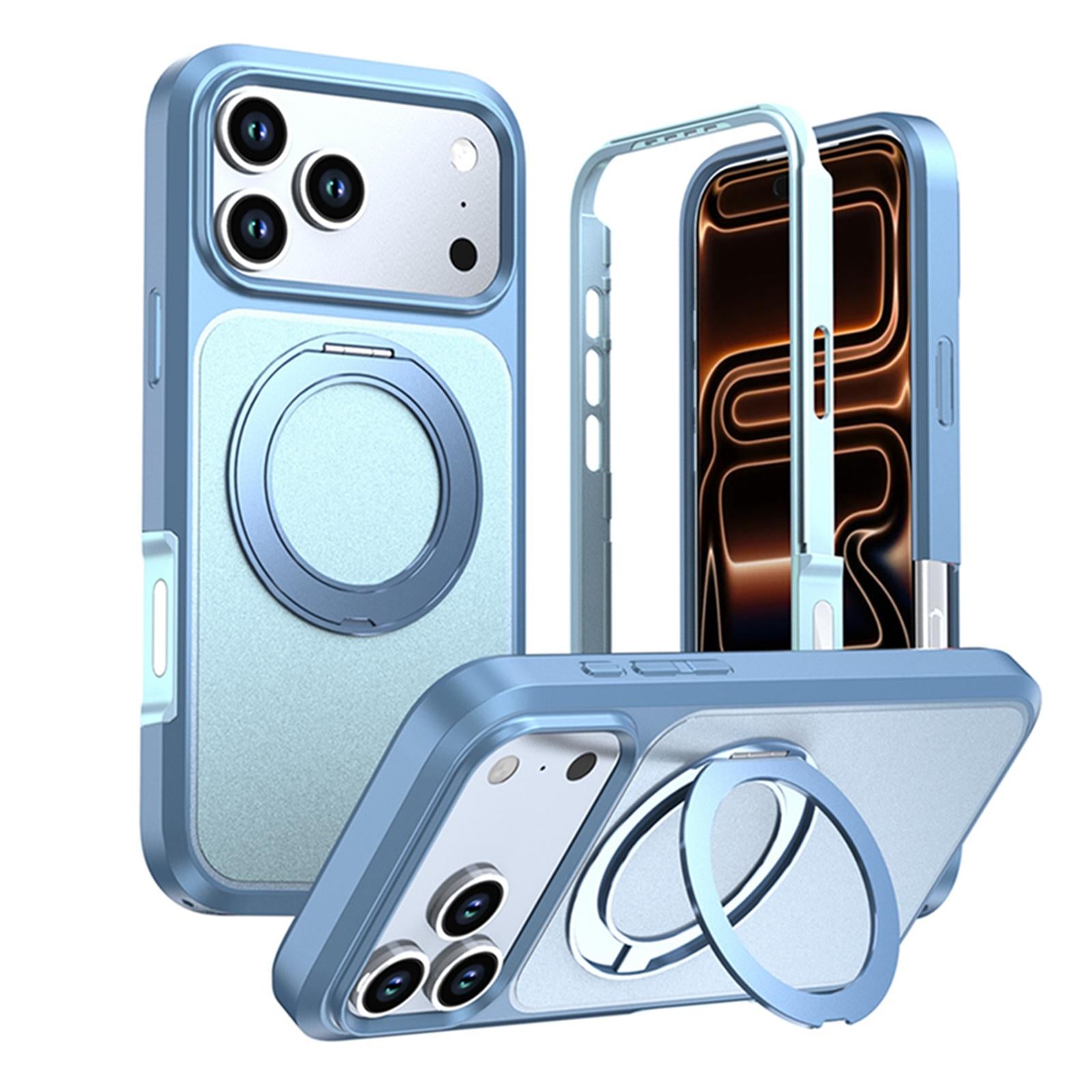 Compatible with iPhone 18 Pro Silicone Magnetic Anti-drop Protective Phone Case with 360 Rotating Holder - Ice Blue