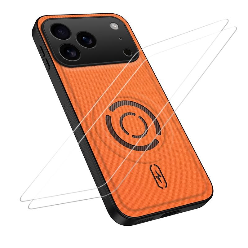 Compatible with iPhone 18 Pro WANLONFENG Tech Fabric Texture Magnetic Phone Case with 2pcs Screen Films - Orange