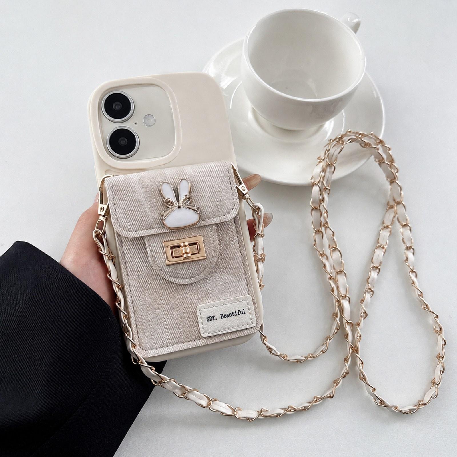 Compatible with iPhone 18 Denim Patterned Rabbit Card Bag Phone Case with Crossbody Chain - Apricot