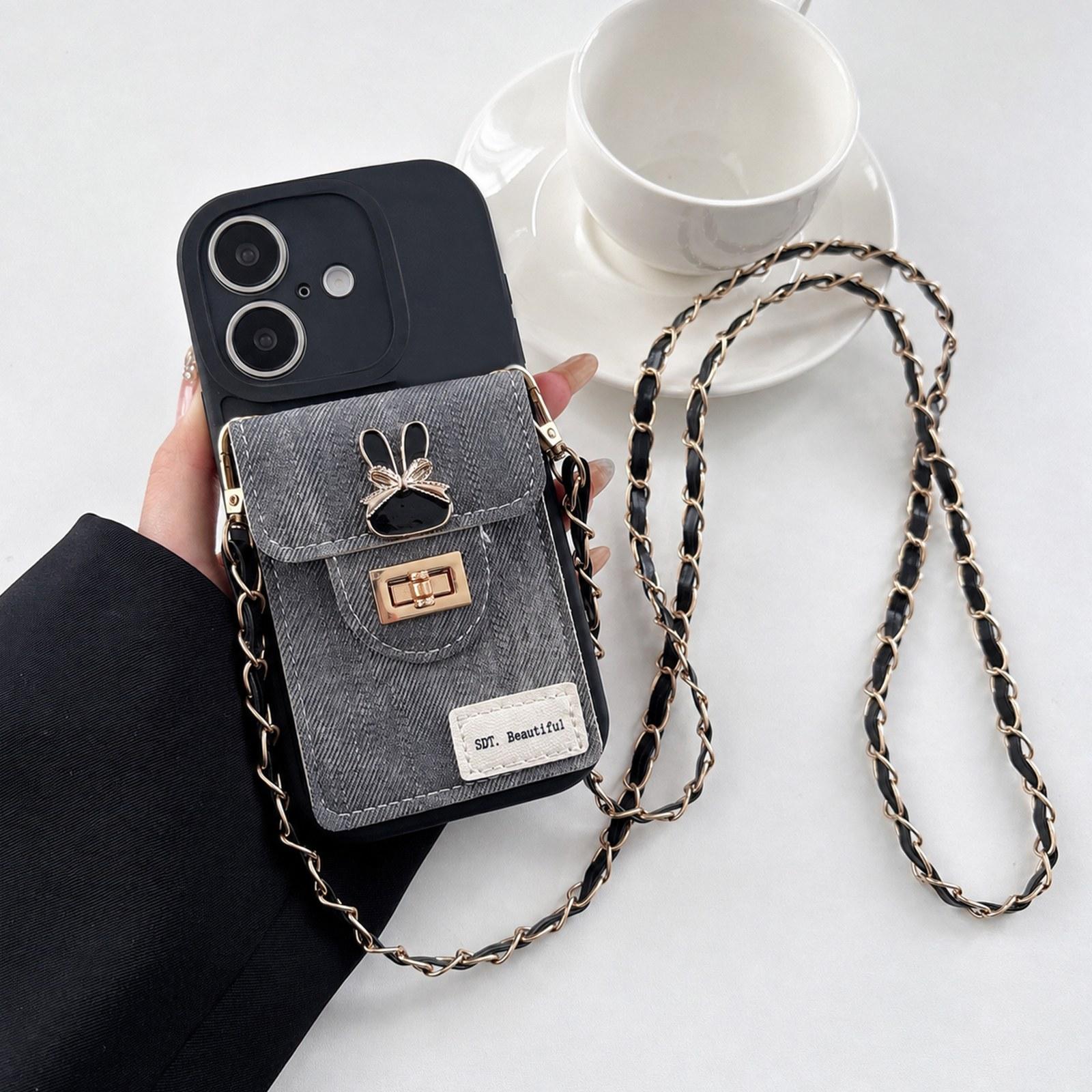 Compatible with iPhone 18 Denim Patterned Rabbit Card Bag Phone Case with Crossbody Chain - Black