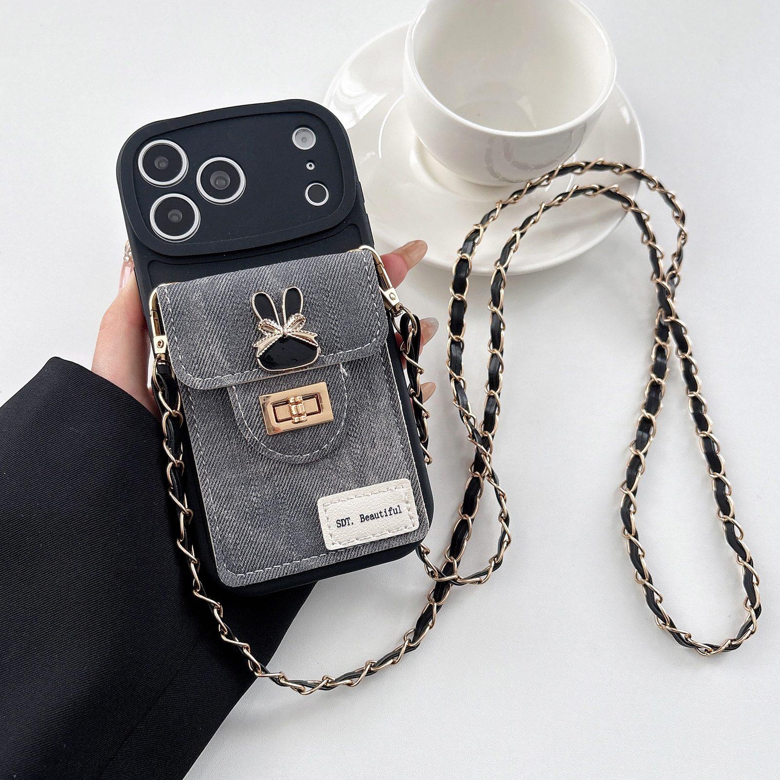 Compatible with iPhone 18 Pro Denim Patterned Rabbit Card Bag Phone Case with Crossbody Chain - Black