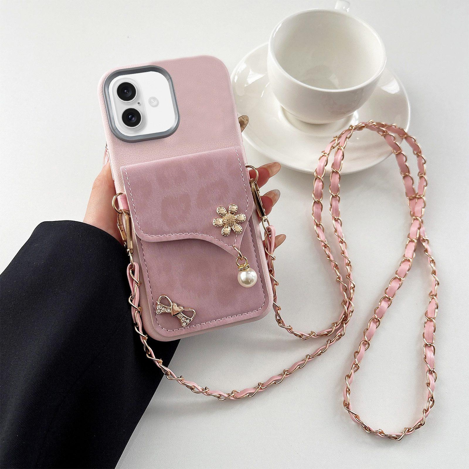 Compatible with iPhone 18 Leather Leopard Print Card Bag Phone Case with Crossbody Chain - Pink