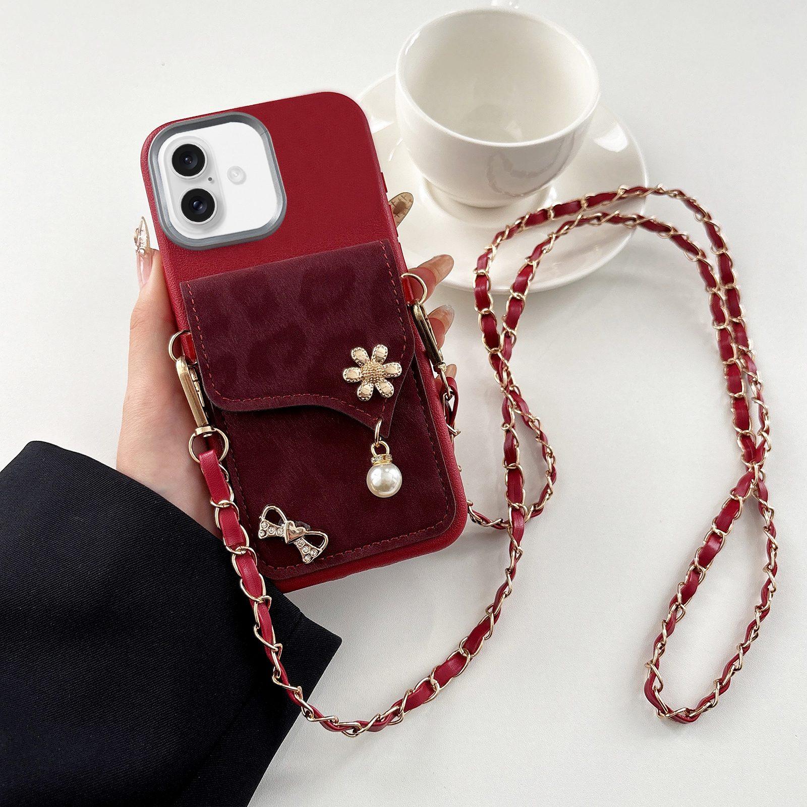 Compatible with iPhone 18 Leather Leopard Print Card Bag Phone Case with Crossbody Chain - Red