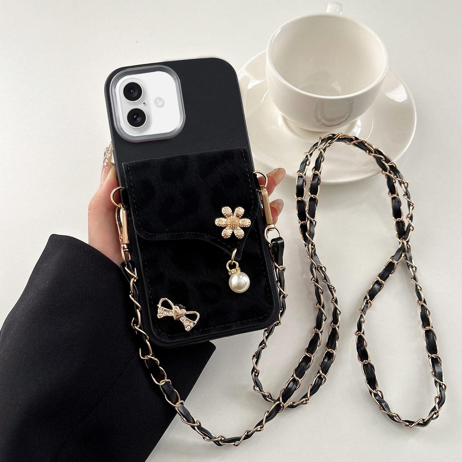 Compatible with iPhone 18 Leather Leopard Print Card Bag Phone Case with Crossbody Chain - Black