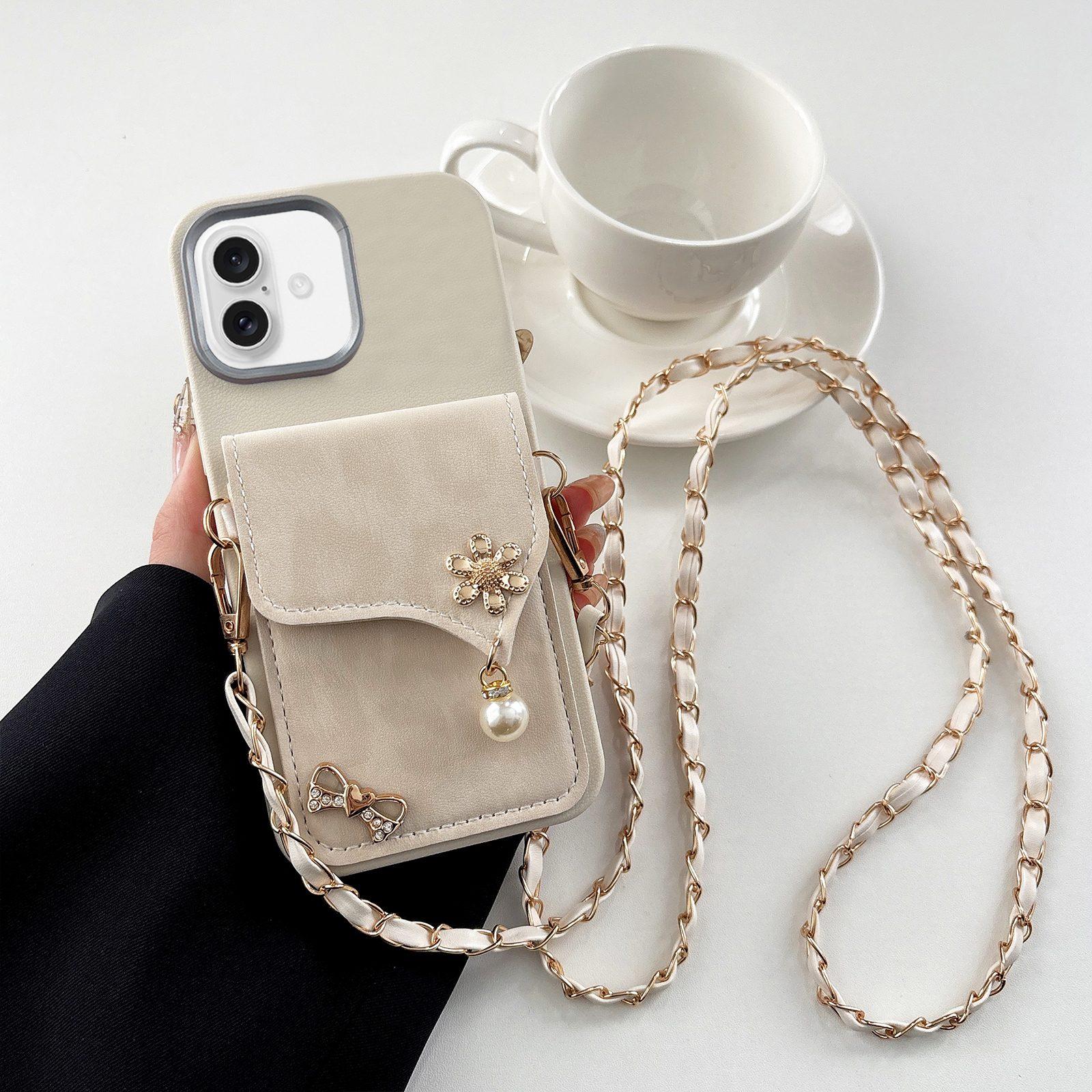 Compatible with iPhone 18 Leather Leopard Print Card Bag Phone Case with Crossbody Chain - Apricot
