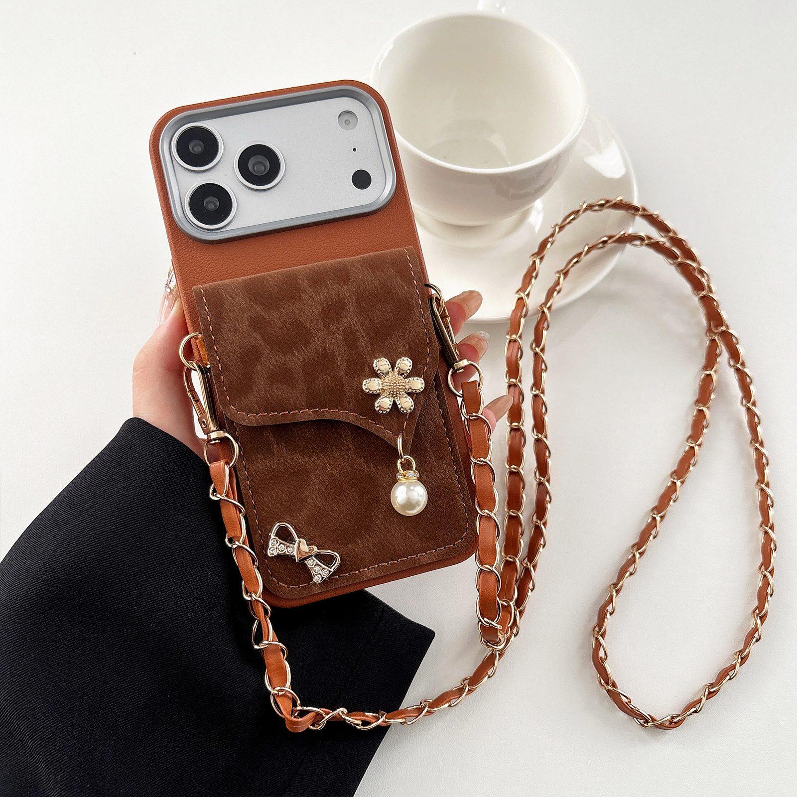 Compatible with iPhone 18 Pro Leather Leopard Print Card Bag Phone Case with Crossbody Chain - Brown