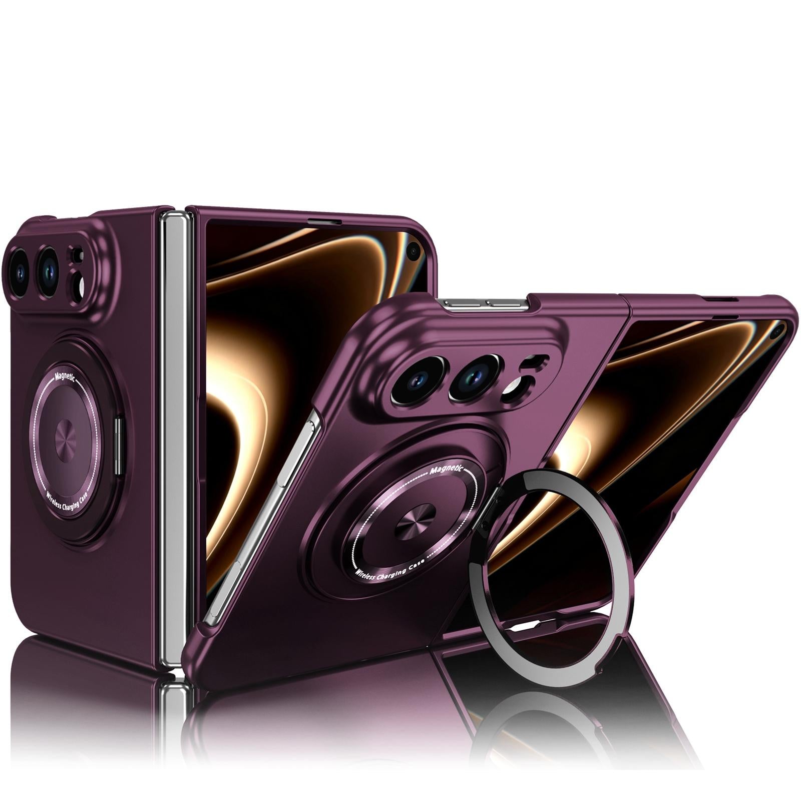 Compatible with iPhone Duo Rotation Holder Foldable Magnetic PC Phone Case - Wine Red