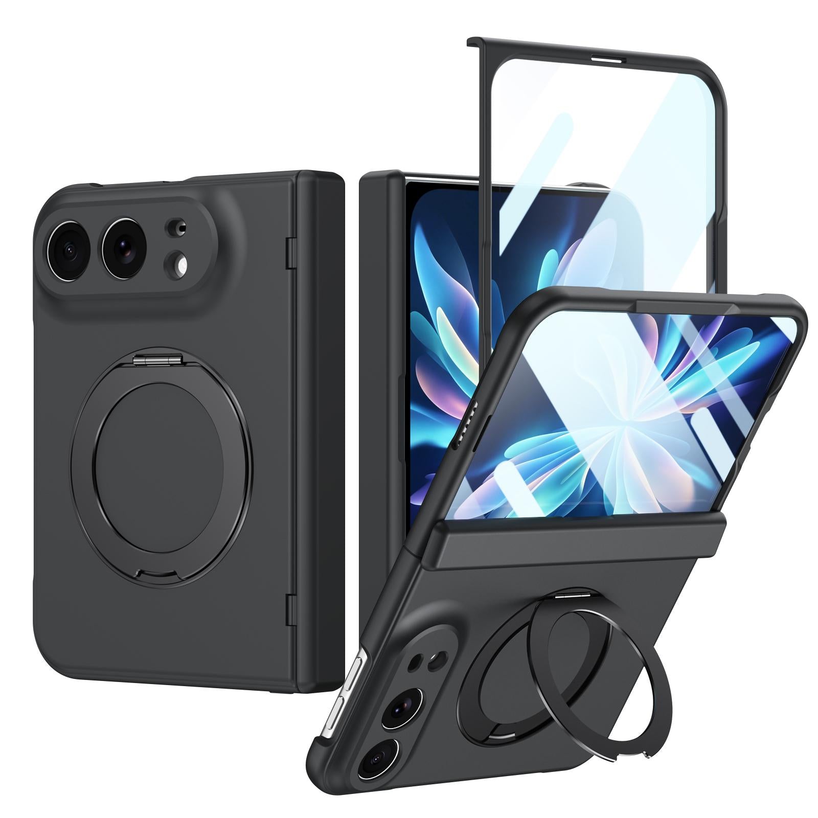 Compatible with iPhone Duo Rotation Magnetic Ring Holder Hinge Integrated Film Phone Case - Black